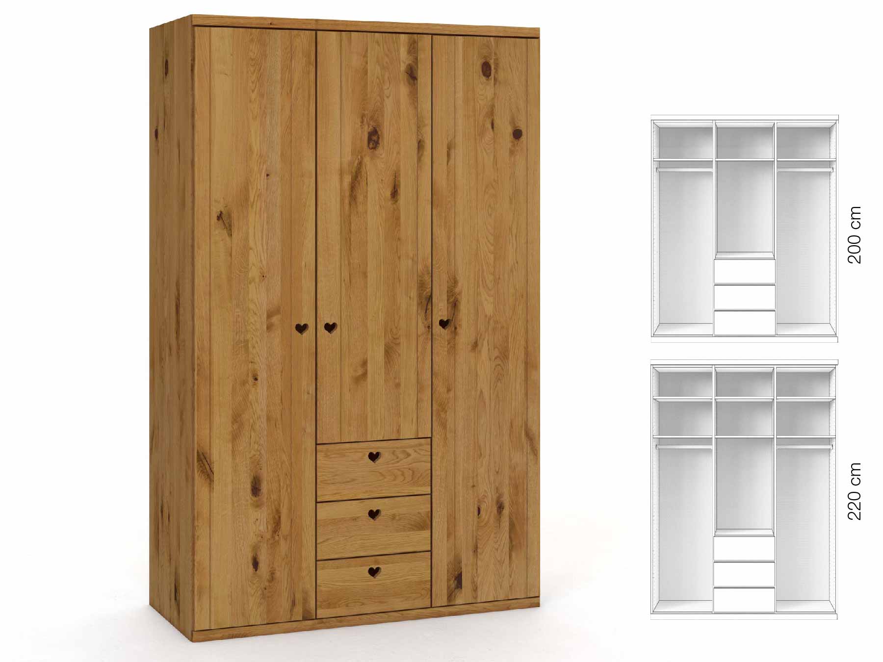 Wildeichenschrank „Egon“, 3-türig, Höhe 220 cm, Griffausführung „Heidi“, Inneneinrichtung: E