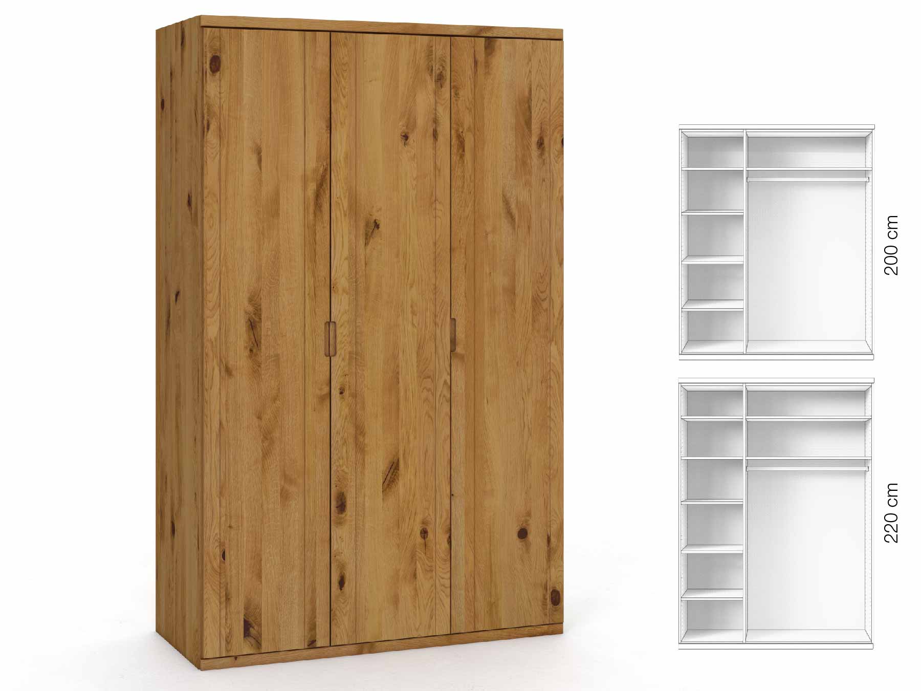 Wildeichenschrank „Egon“, 3-türig, Höhe 220 cm, Griffausführung „Lukas“, Inneneinrichtung: B