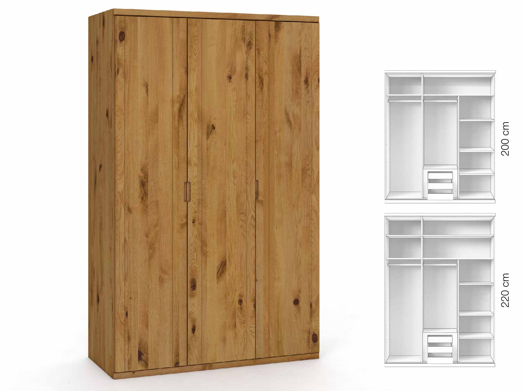 Wildeichenschrank „Egon“, 3-türig, Höhe 220 cm, Griffausführung „Lukas“, Inneneinrichtung: D