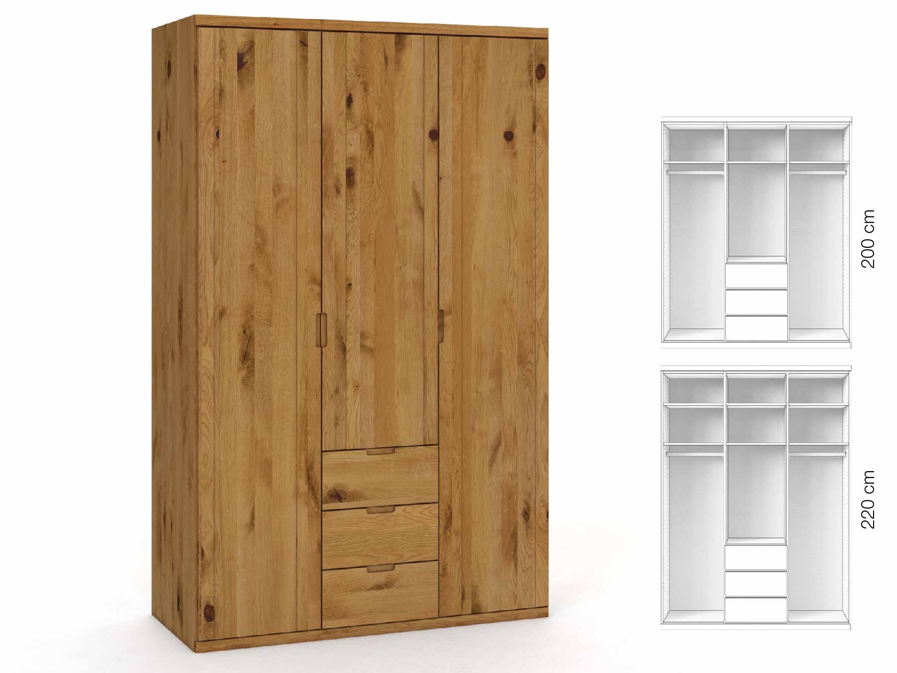 Wildeichenschrank „Egon“, 3-türig, Höhe 220 cm, Griffausführung „Lukas“, Inneneinrichtung: E