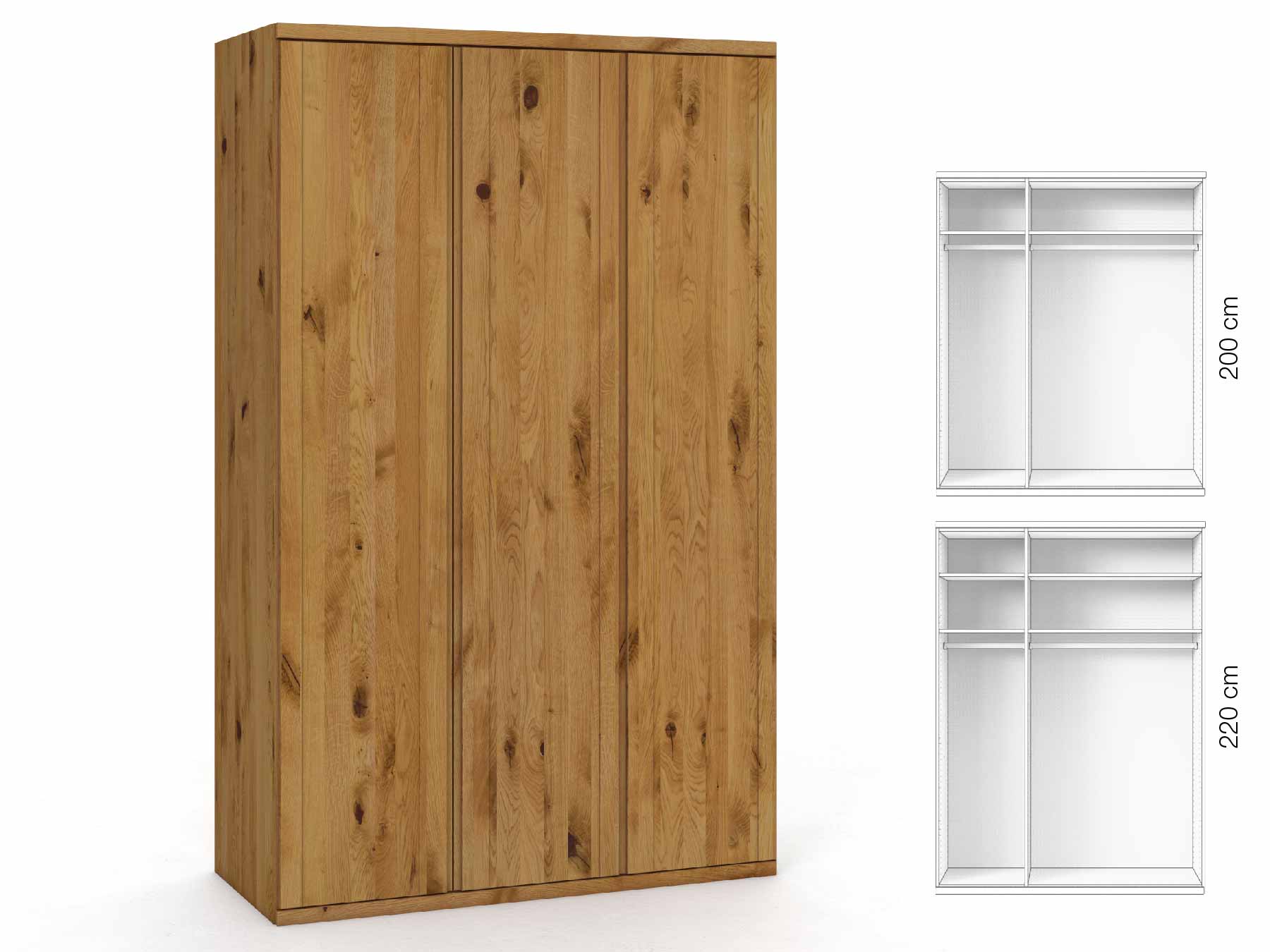 Wildeichenschrank „Egon“, 3-türig, Höhe 220 cm, Griffausführung „Lukas“, Inneneinrichtung: A