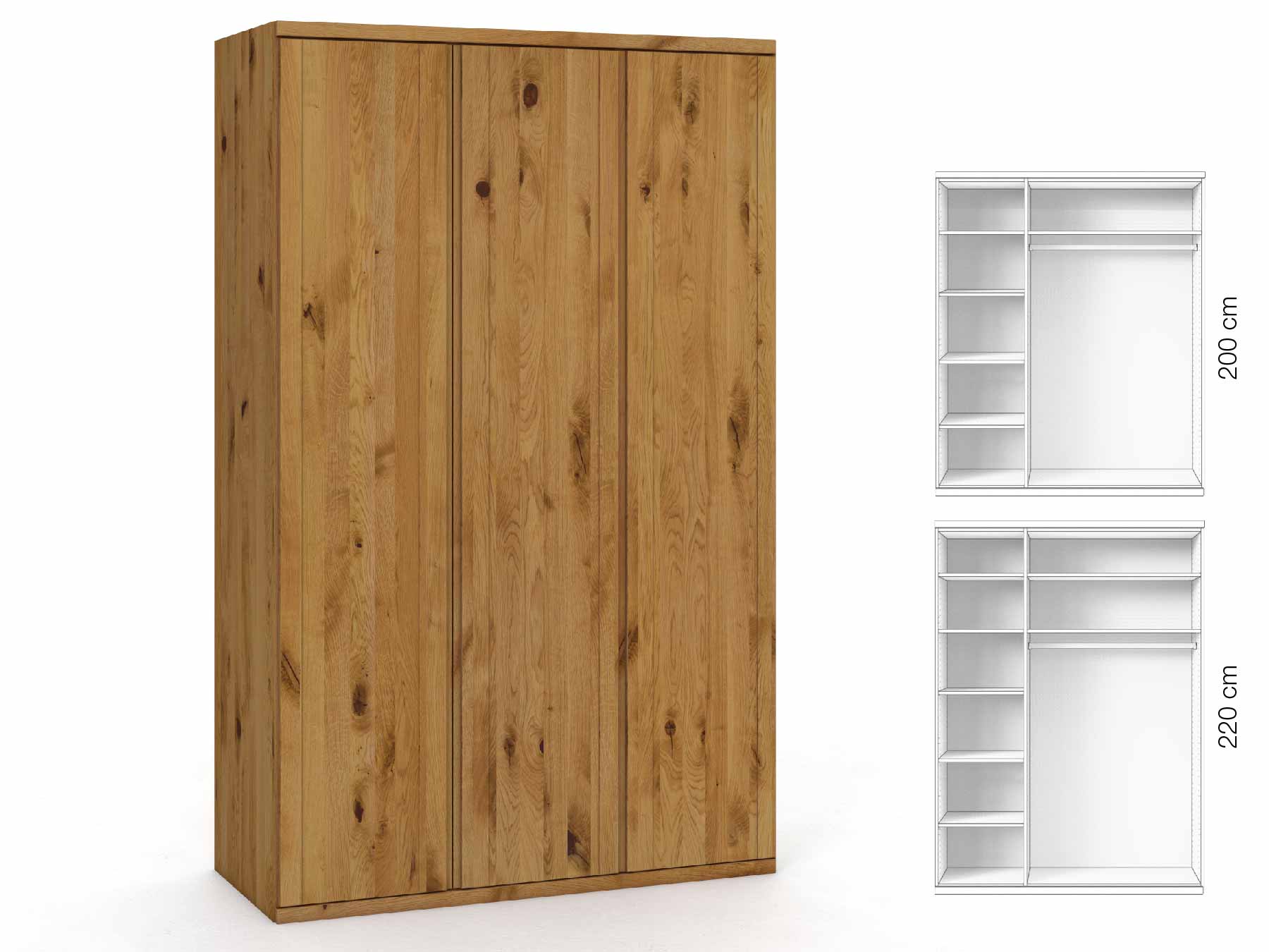 Wildeichenschrank „Egon“, 3-türig, Höhe 220 cm, Griffausführung „Lukas“, Inneneinrichtung: B