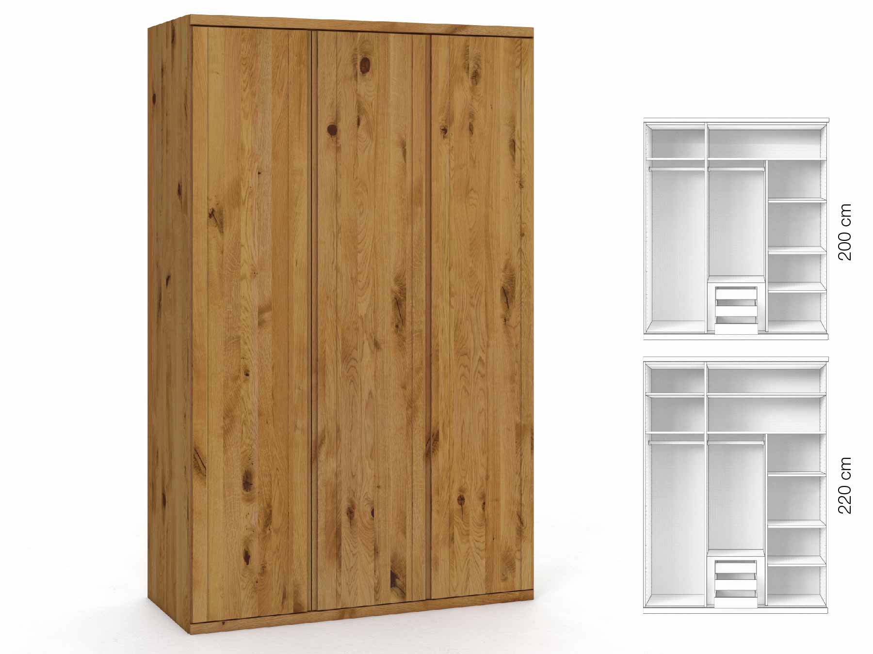 Wildeichenschrank „Egon“, 3-türig, Höhe 220 cm, Griffausführung „Lukas“, Inneneinrichtung: D
