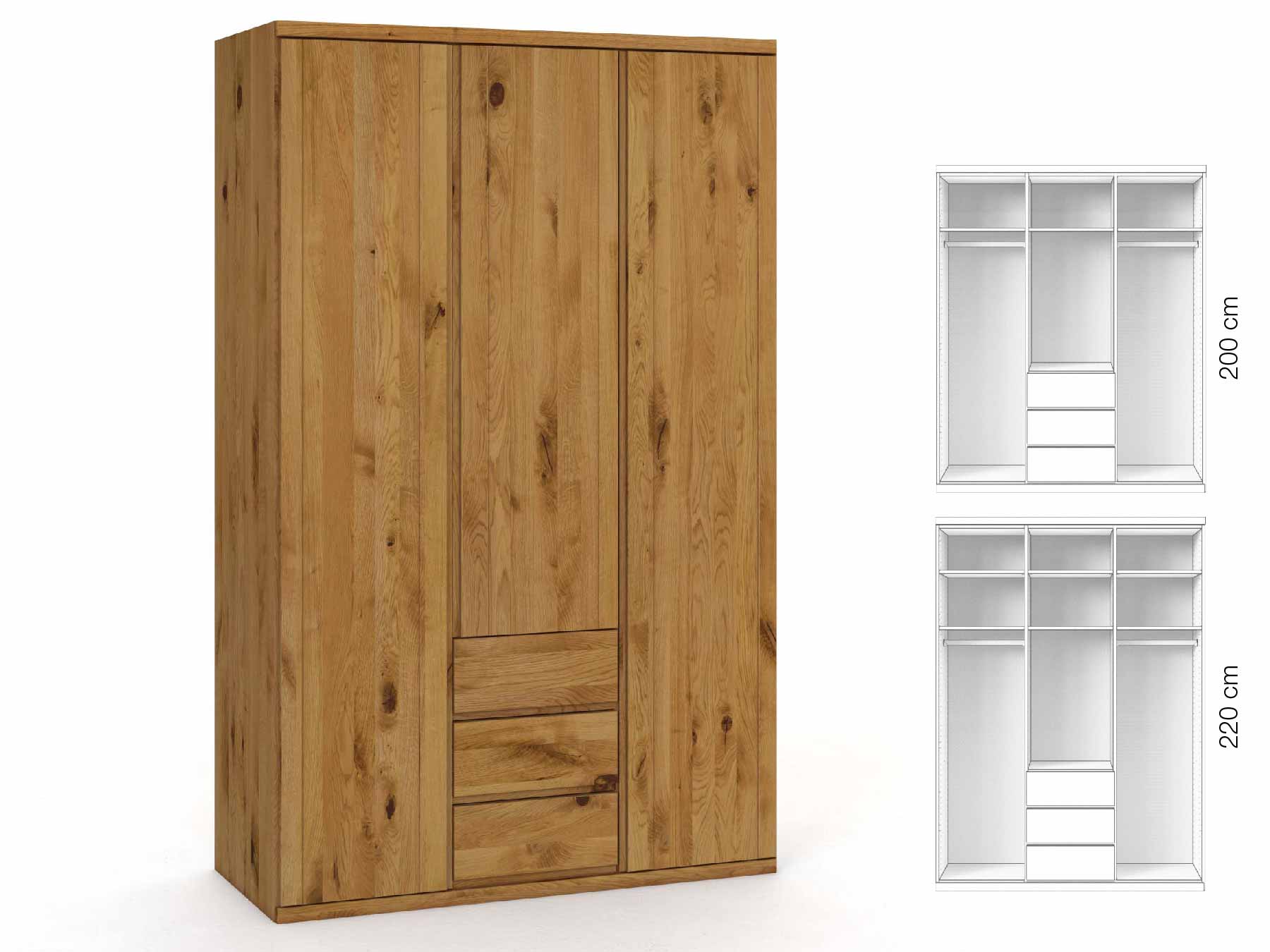 Wildeichenschrank „Egon“, 3-türig, Höhe 220 cm, Griffausführung „Lukas“, Inneneinrichtung: E