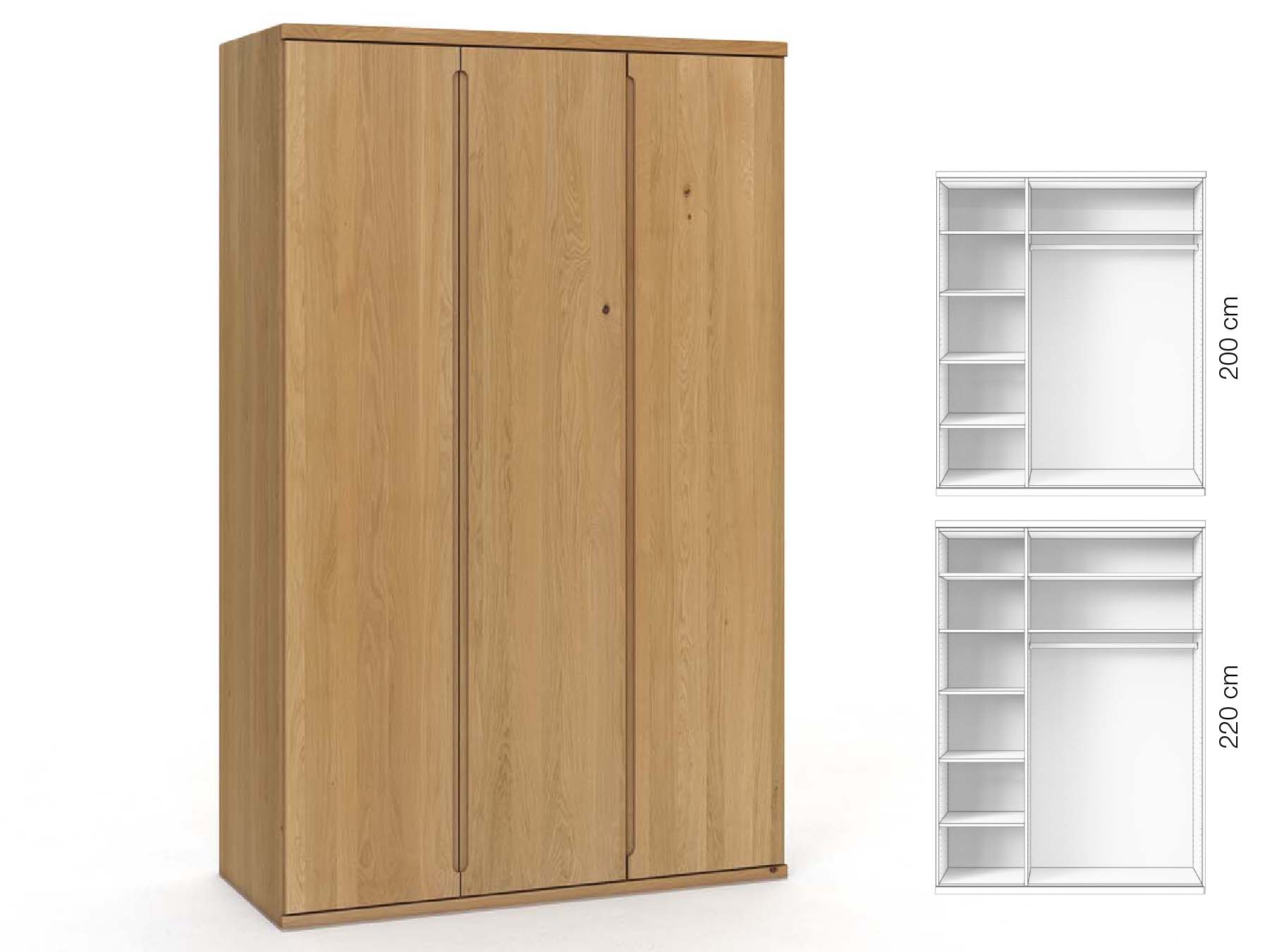 Eichenschrank Hell „Valentin“, 3-türig, Höhe 220 cm, Griffausführung „Lukas“, Inneneinrichtung: B