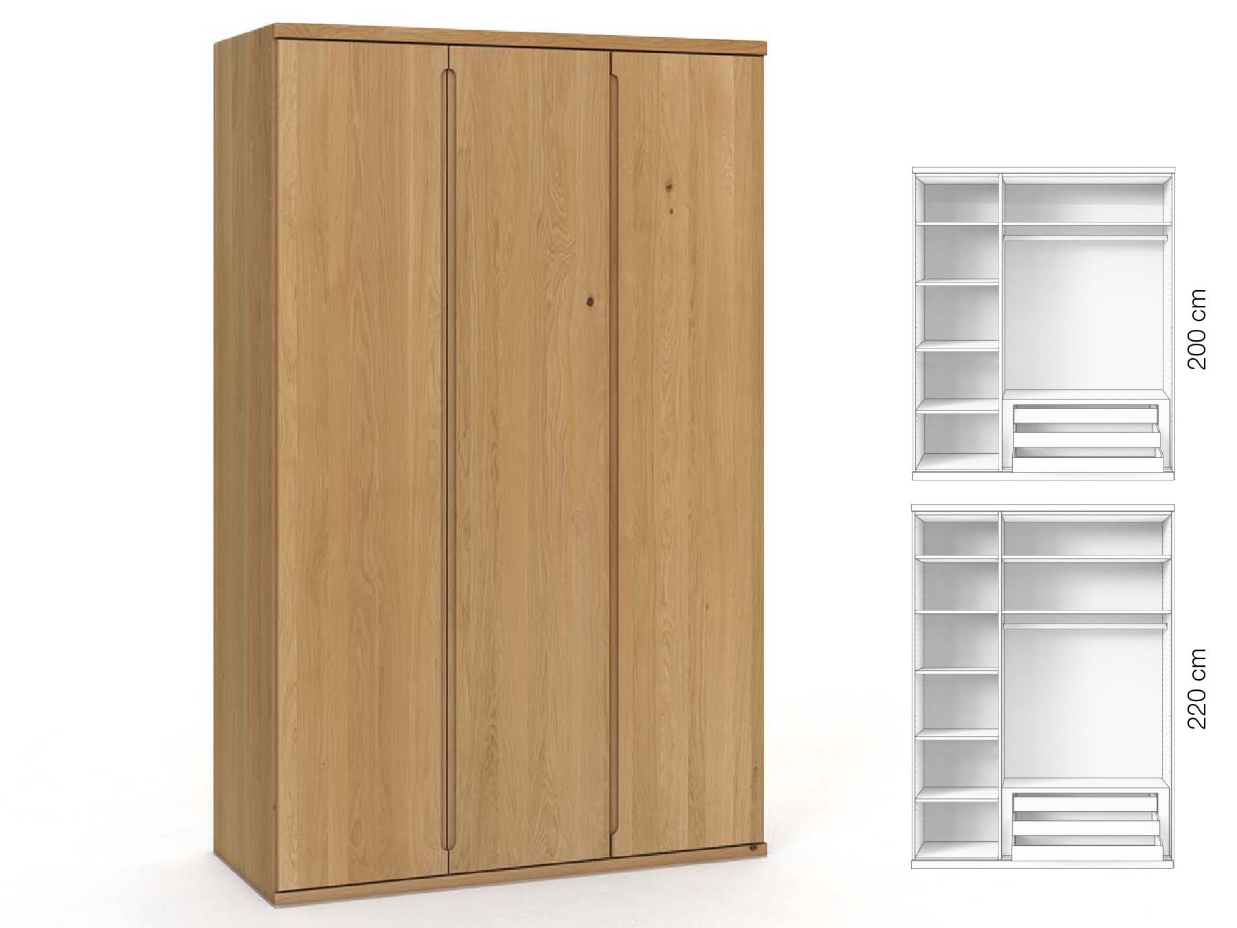 Eichenschrank Hell „Valentin“, 3-türig, Höhe 220 cm, Griffausführung „Lukas“, Inneneinrichtung: C