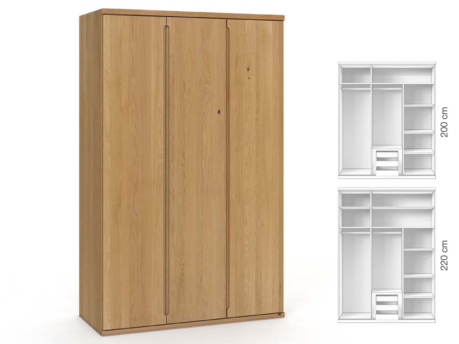 Eichenschrank Hell „Valentin“, 3-türig, Höhe 220 cm, Griffausführung „Lukas“, Inneneinrichtung: D