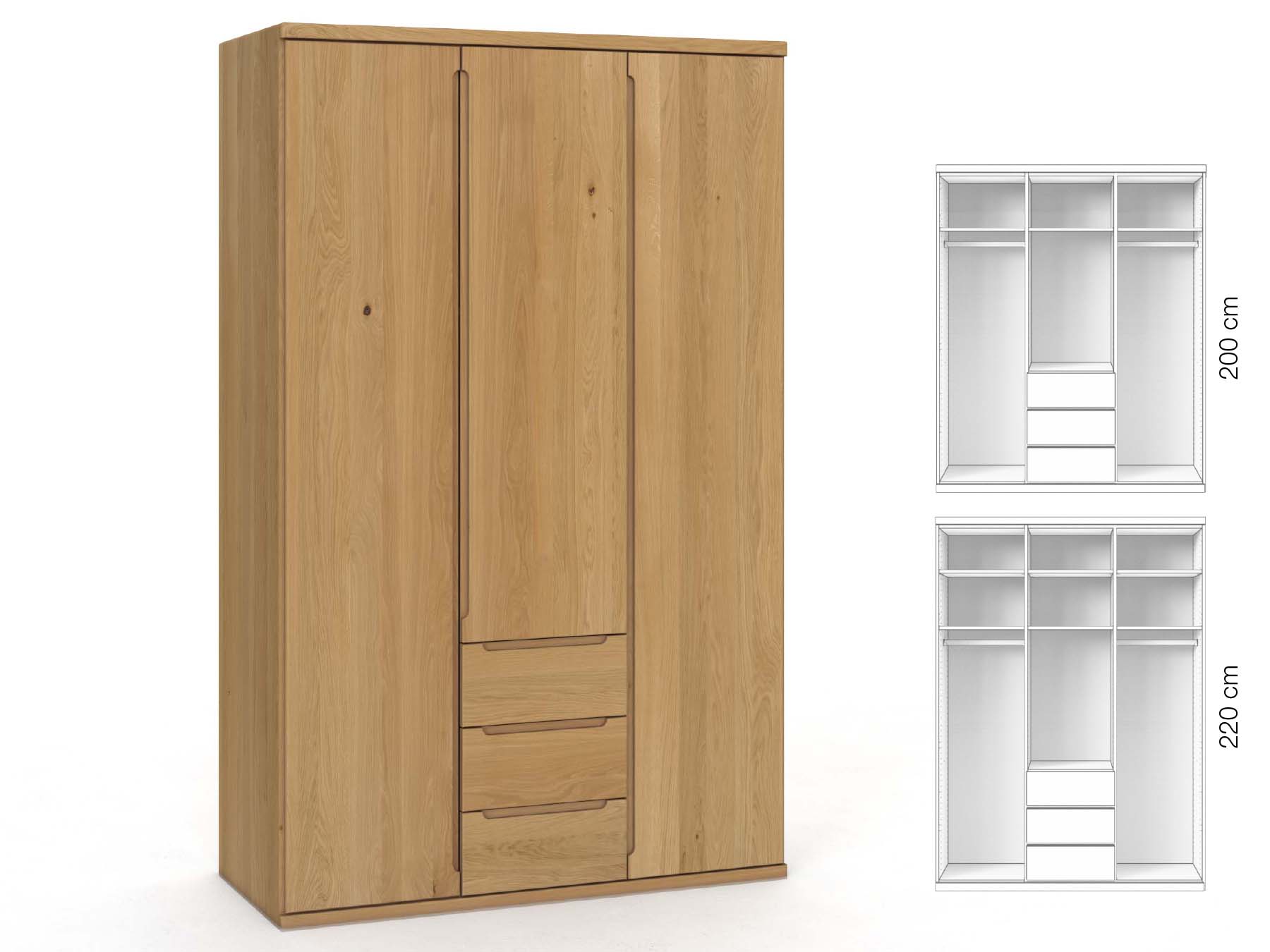 Eichenschrank Hell „Valentin“, 3-türig, Höhe 220 cm, Griffausführung „Lukas“, Inneneinrichtung: E
