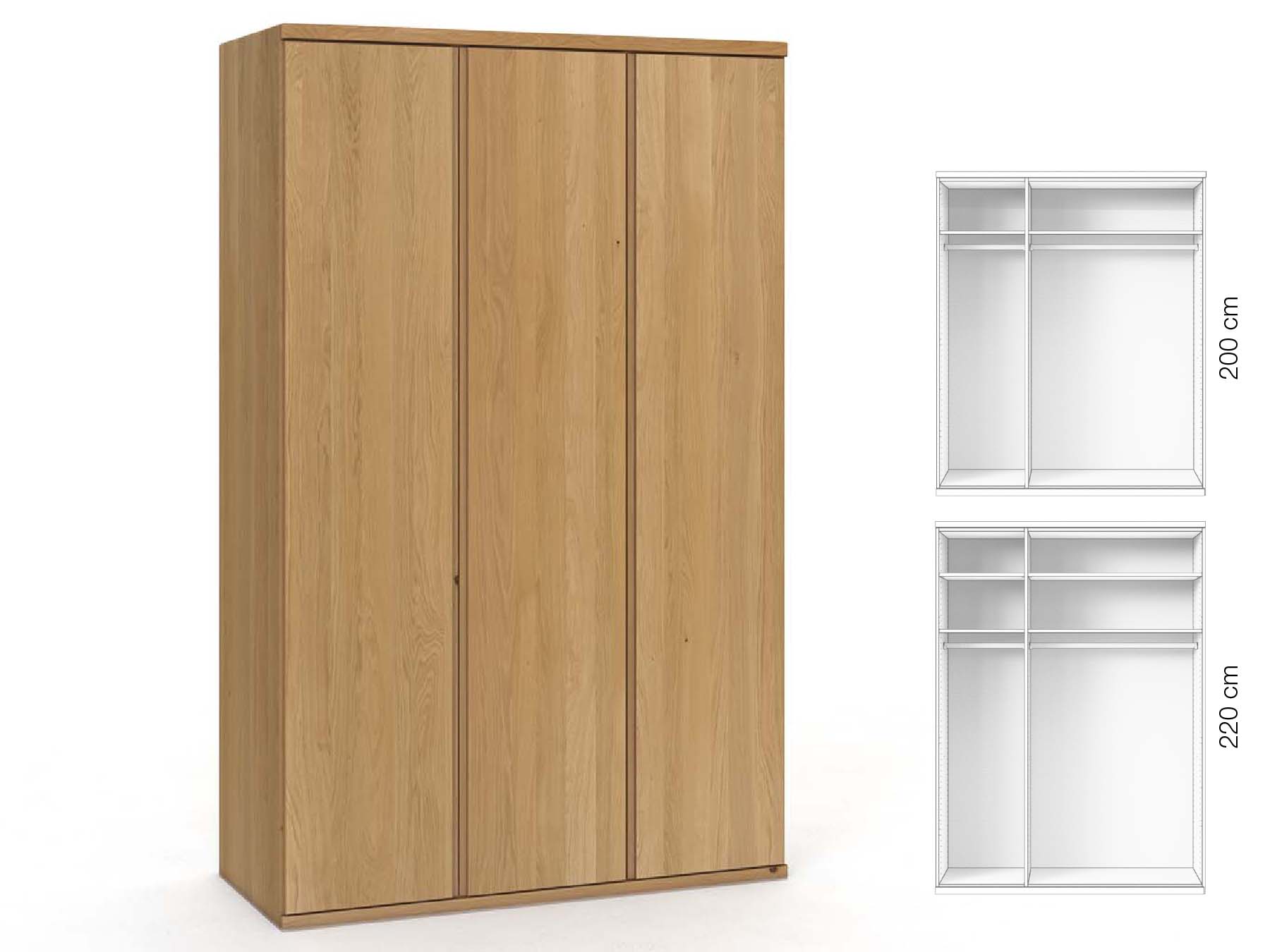 Eichenschrank Hell „Valentin“, 3-türig, Höhe 220 cm, Griffausführung „Patrizia“, Inneneinrichtung: A