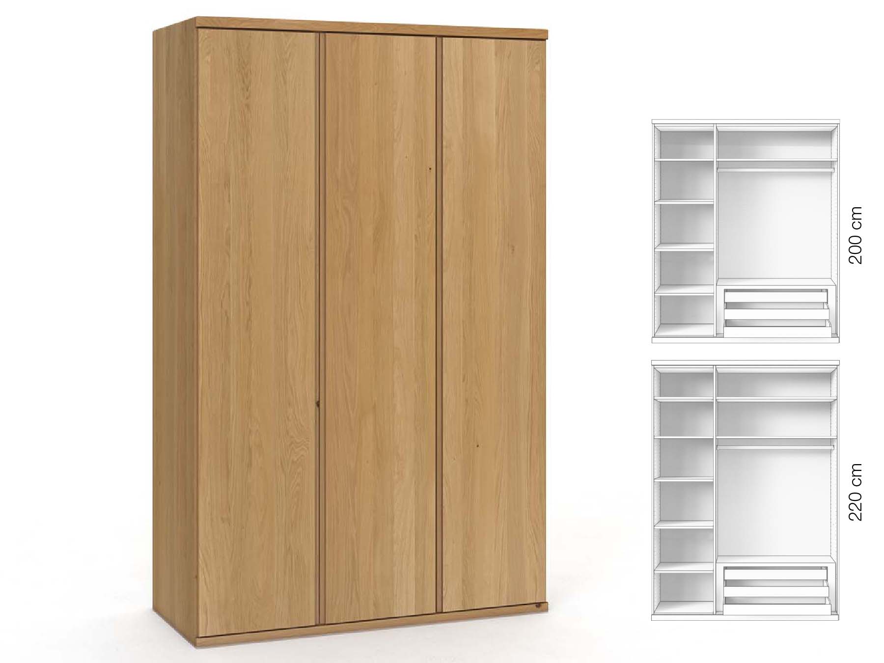Eichenschrank Hell „Valentin“, 3-türig, Höhe 220 cm, Griffausführung „Patrizia“, Inneneinrichtung: C