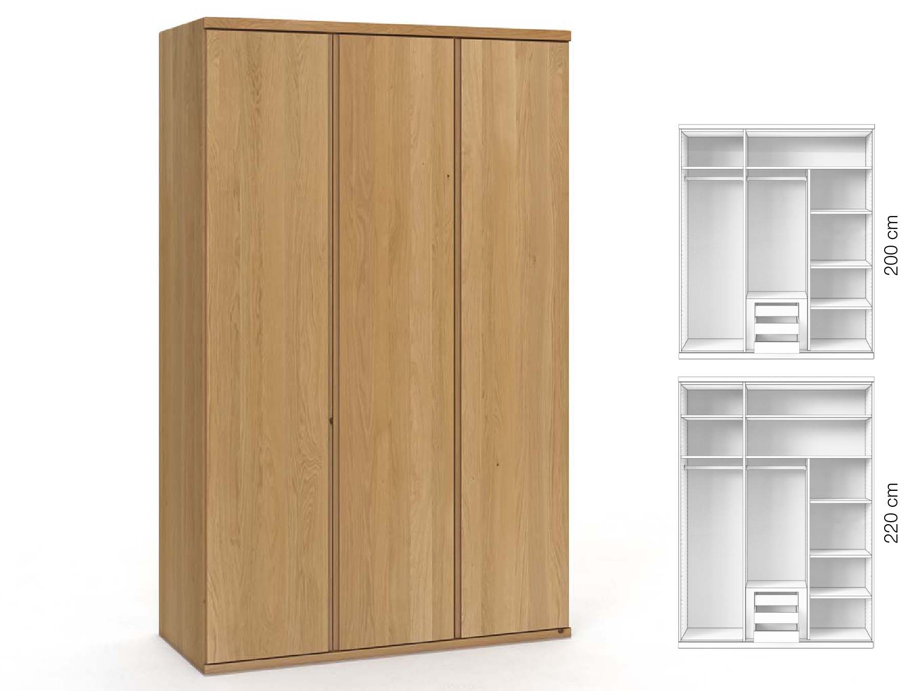 Eichenschrank Hell „Valentin“, 3-türig, Höhe 220 cm, Griffausführung „Patrizia“, Inneneinrichtung: D