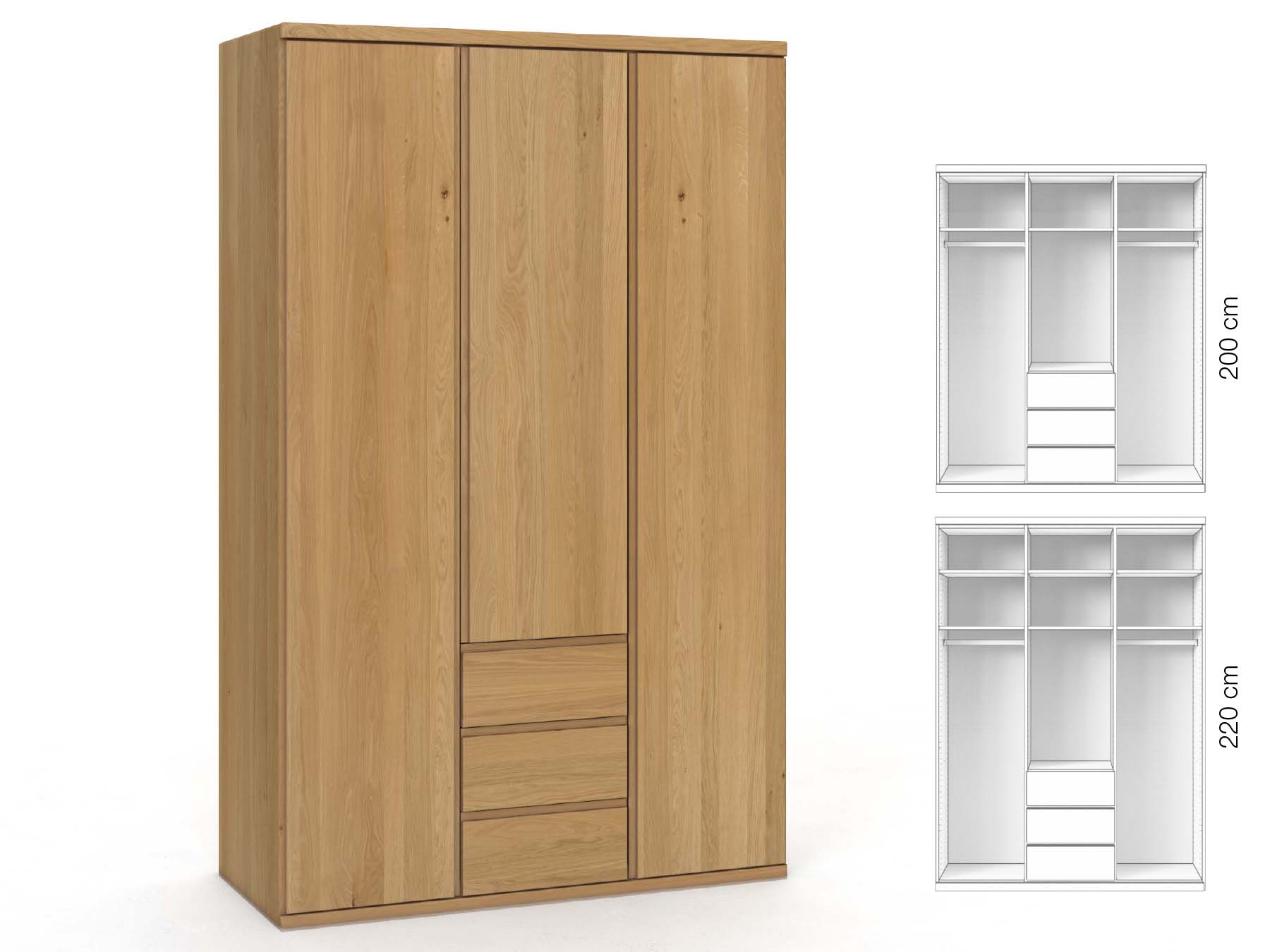 Eichenschrank Hell „Valentin“, 3-türig, Höhe 220 cm, Griffausführung „Patrizia“, Inneneinrichtung: E