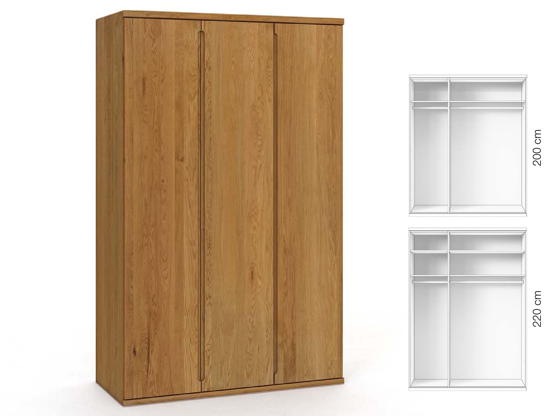 Eichenschrank „Valentin“, 3-türig, Höhe 220 cm, Griffausführung „Lukas“, Inneneinrichtung: A