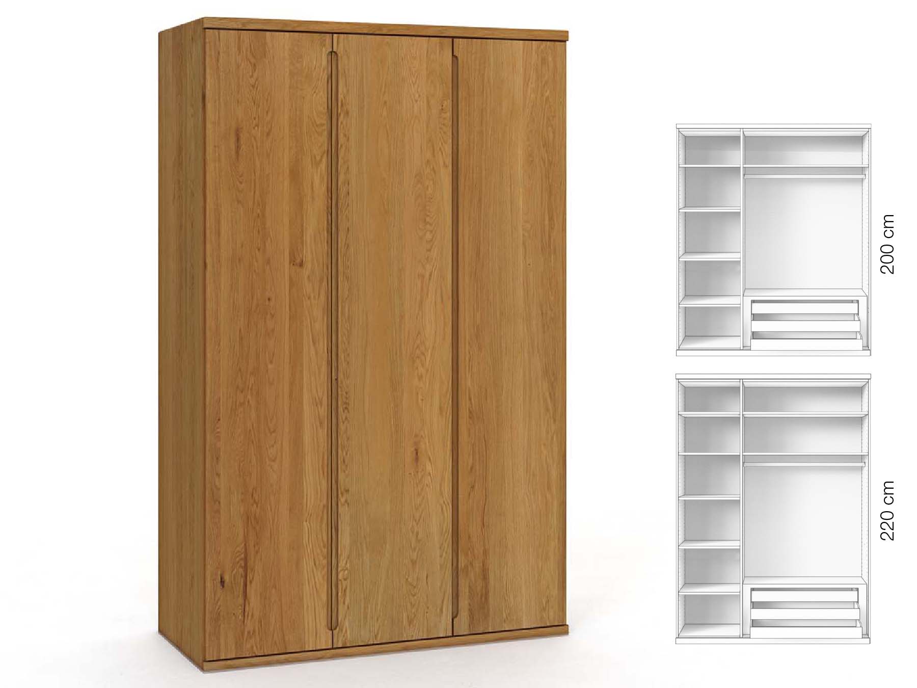 Eichenschrank „Valentin“, 3-türig, Höhe 220 cm, Griffausführung „Lukas“, Inneneinrichtung: C