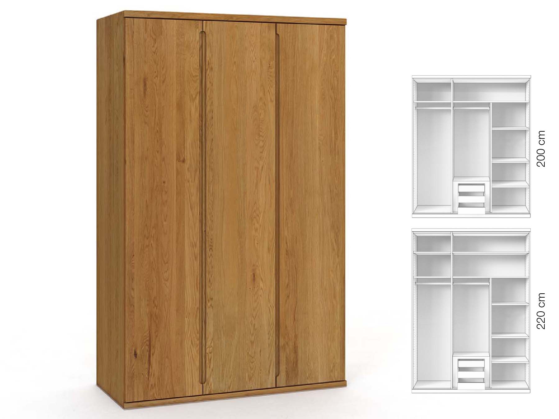 Eichenschrank „Valentin“, 3-türig, Höhe 220 cm, Griffausführung „Lukas“, Inneneinrichtung: D