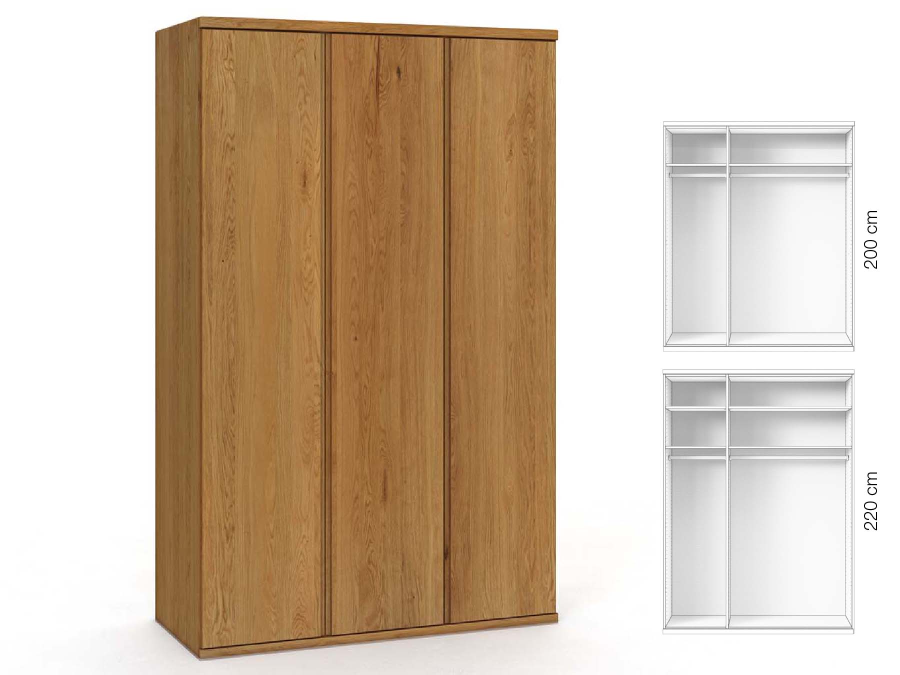 Eichenschrank „Valentin“, 3-türig, Höhe 220 cm, Griffausführung „Patrizia“, Inneneinrichtung: A