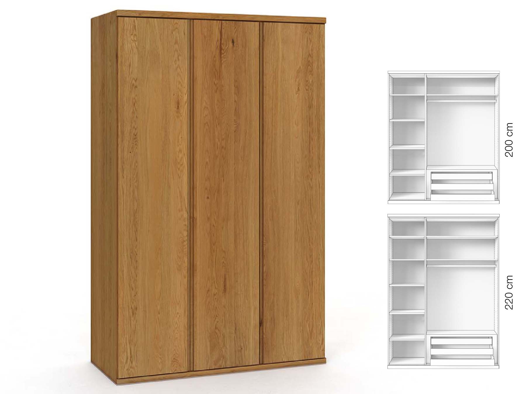 Eichenschrank „Valentin“, 3-türig, Höhe 220 cm, Griffausführung „Patrizia“, Inneneinrichtung: C