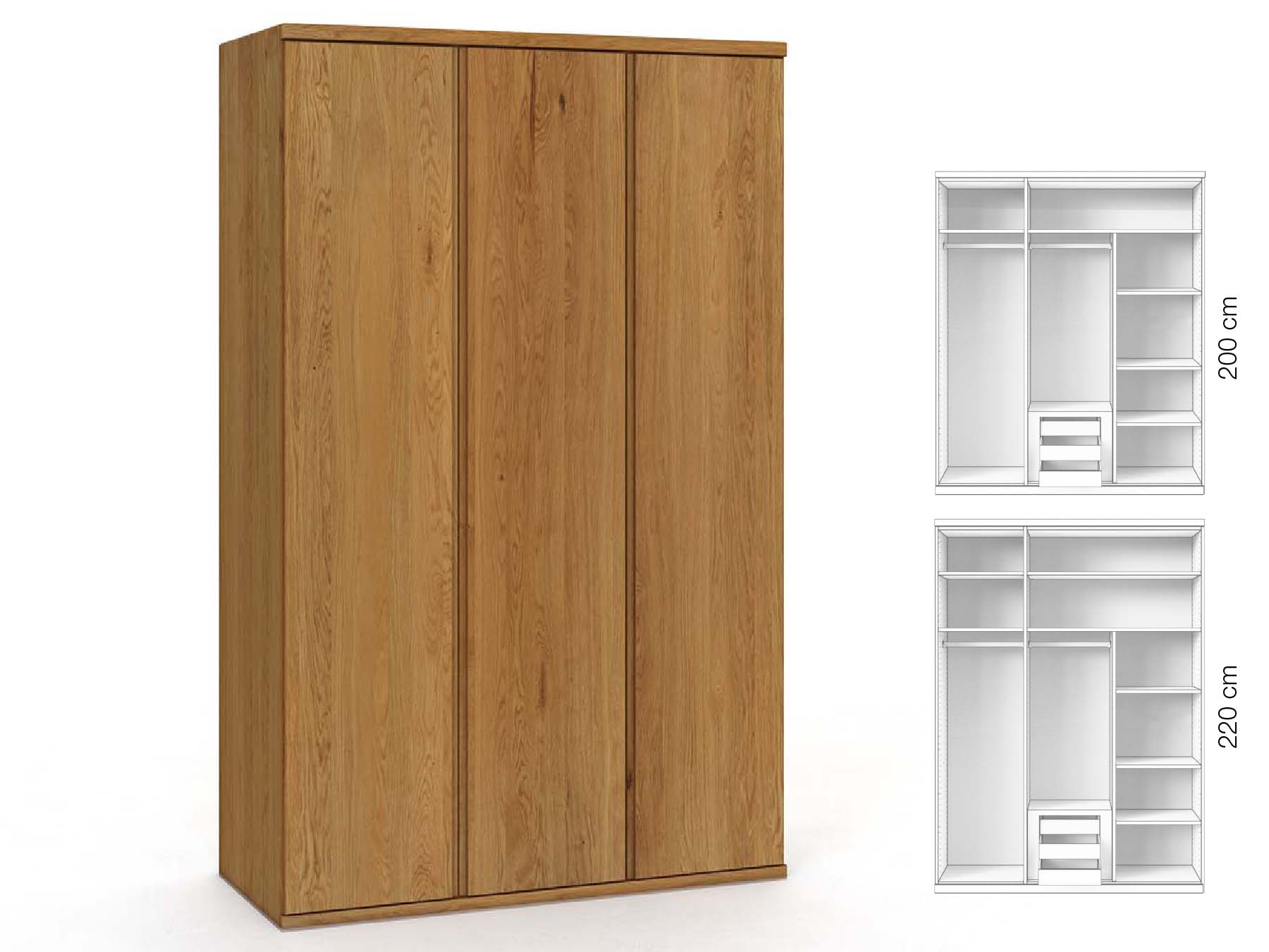 Eichenschrank „Valentin“, 3-türig, Höhe 220 cm, Griffausführung „Patrizia“, Inneneinrichtung: D