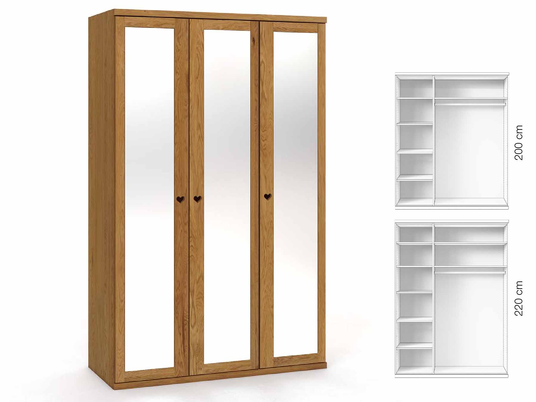 Eichenschrank „Sandra“, 3-türig, Höhe 220 cm, Griffausführung „Heidi“, Inneneinrichtung: B