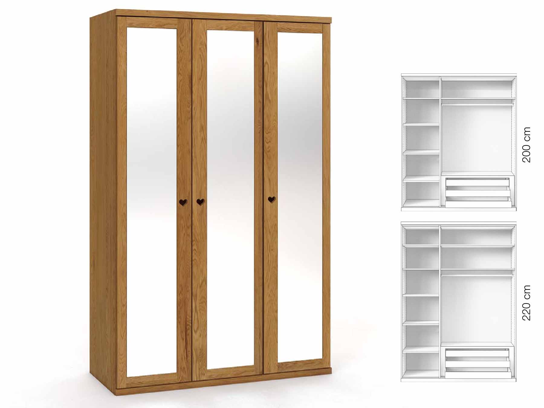 Eichenschrank „Sandra“, 3-türig, Höhe 220 cm, Griffausführung „Heidi“, Inneneinrichtung: C