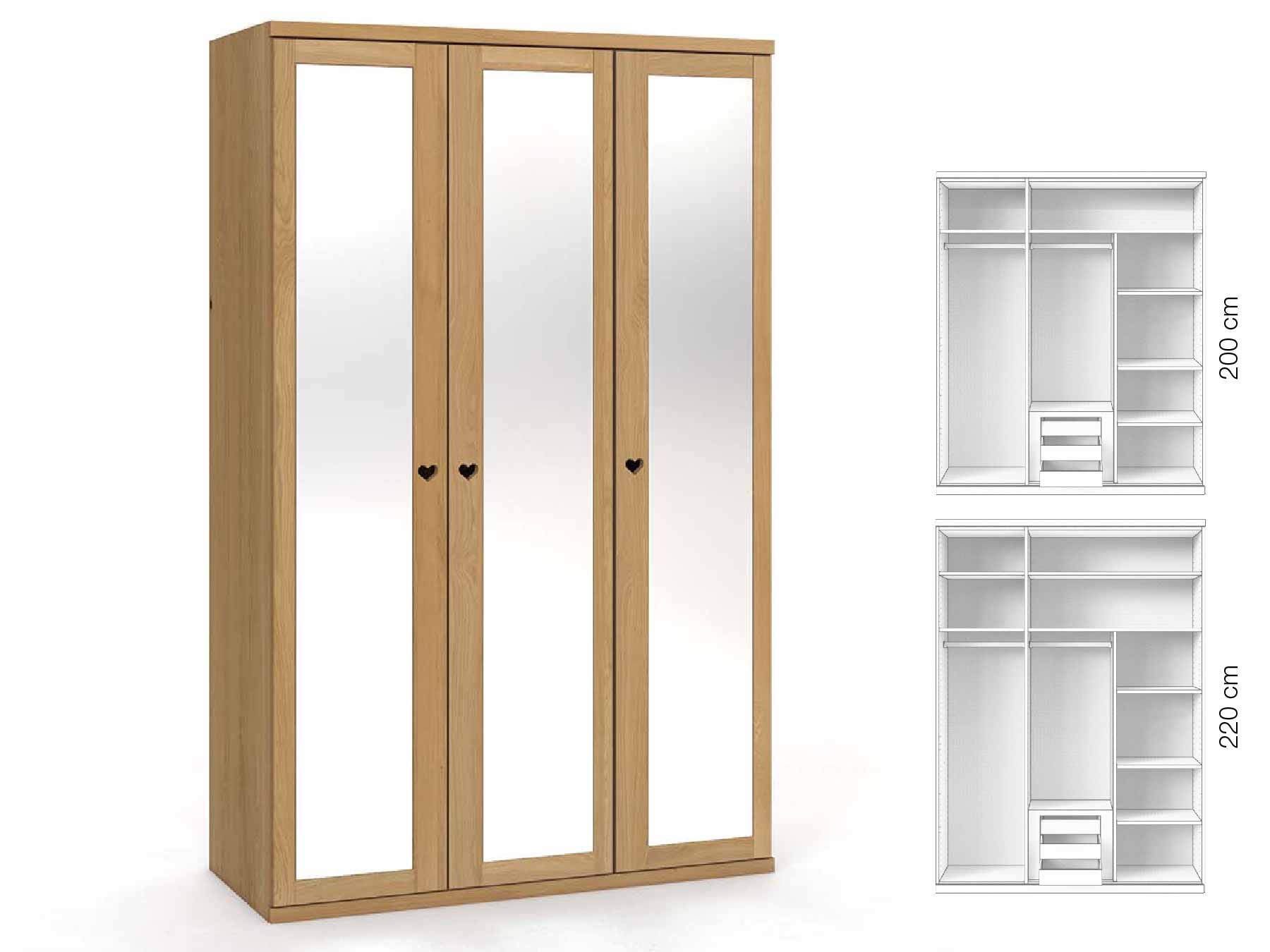 Eichenschrank Hell „Sandra“, 3-türig, Höhe 220 cm, Griffausführung „Heidi“, Inneneinrichtung: D