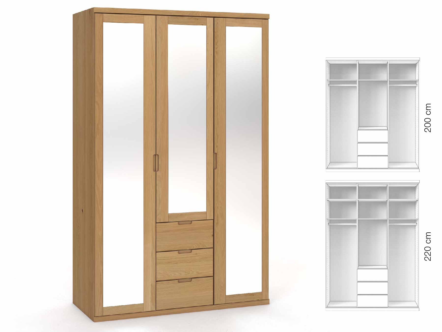 Eichenschrank Hell „Sandra“, 3-türig, Höhe 220 cm, Griffausführung „Lukas“, Inneneinrichtung: E