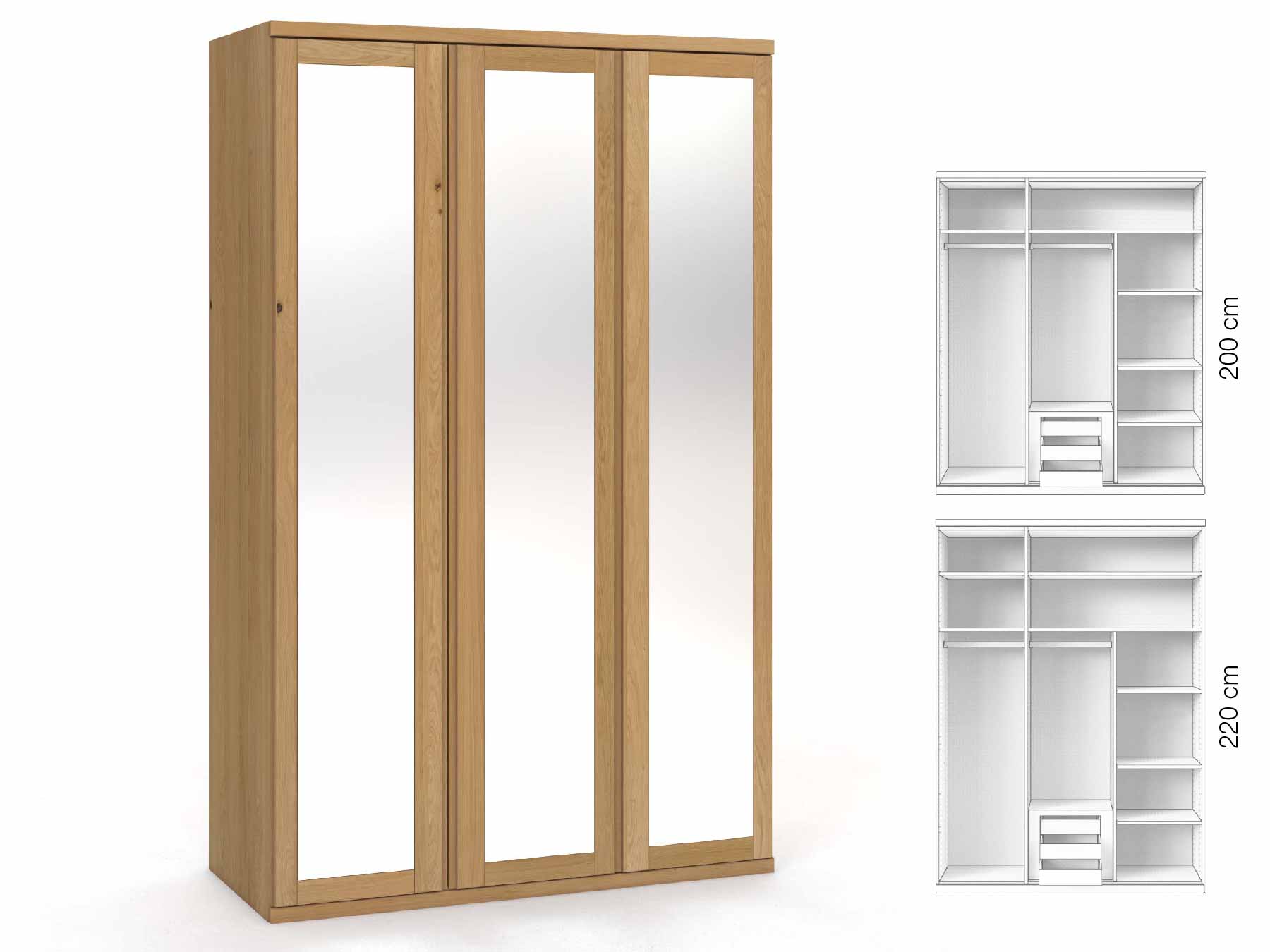 Eichenschrank Hell „Sandra“, 3-türig, Höhe 220 cm, Griffausführung „Patrizia“, Inneneinrichtung: D