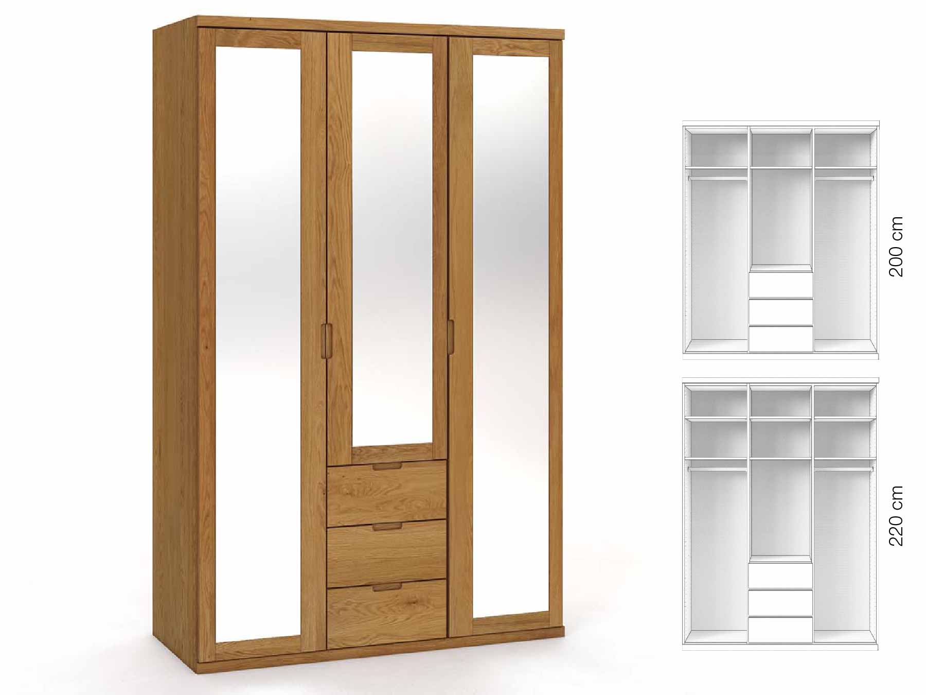 Eichenschrank „Sandra“, 3-türig, Höhe 220 cm, Griffausführung „Lukas“, Inneneinrichtung: E