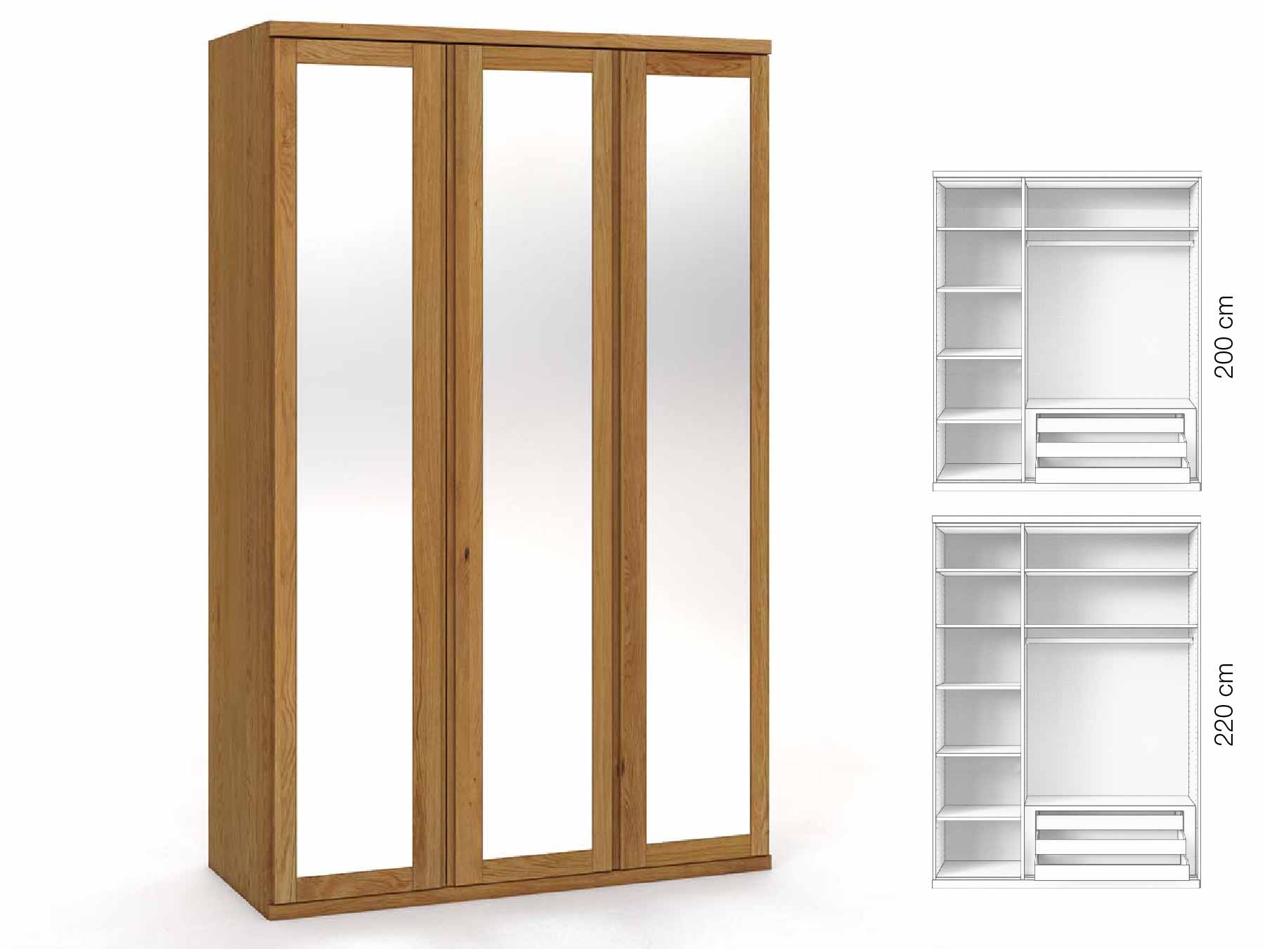 Eichenschrank „Sandra“, 3-türig, Höhe 220 cm, Griffausführung „Patrizia“, Inneneinrichtung: C