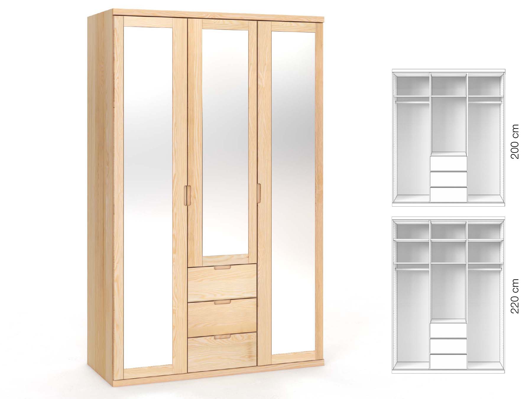 Eschenschrank „Sandra“, 3-türig, Höhe 220 cm, Griffausführung „Lukas“, Inneneinrichtung: E