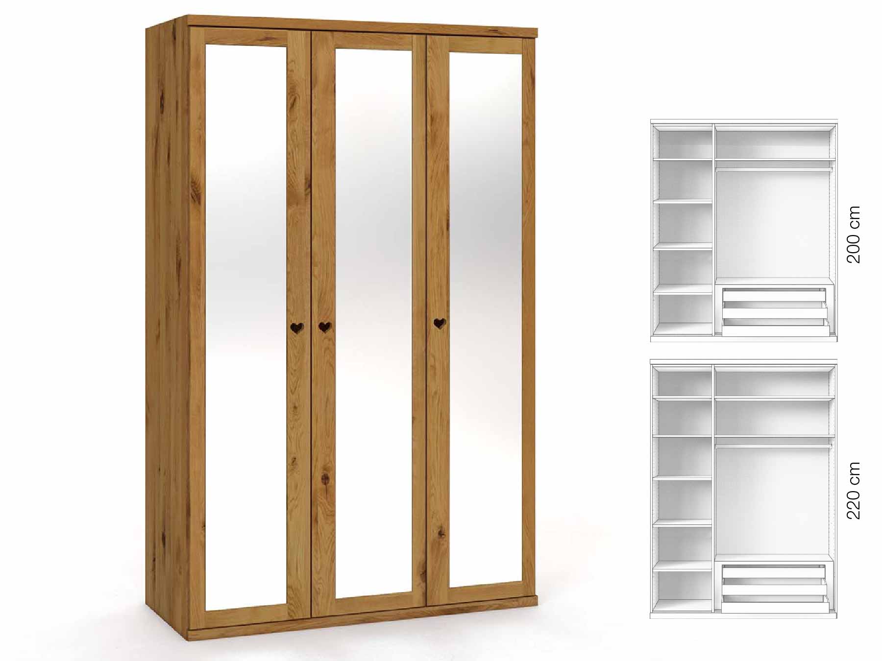 Wildeichenschrank „Sandra“, 3-türig, Höhe 220 cm, Griffausführung „Heidi“, Inneneinrichtung: C