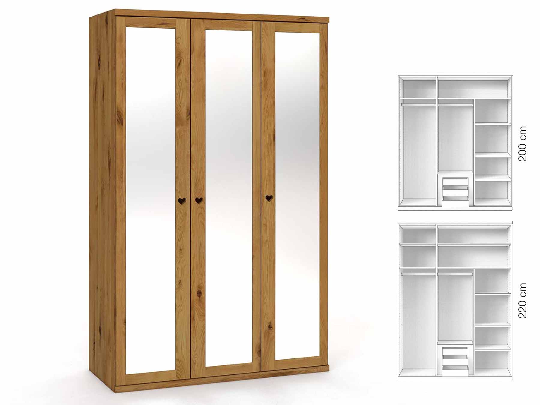 Wildeichenschrank „Sandra“, 3-türig, Höhe 220 cm, Griffausführung „Heidi“, Inneneinrichtung: D