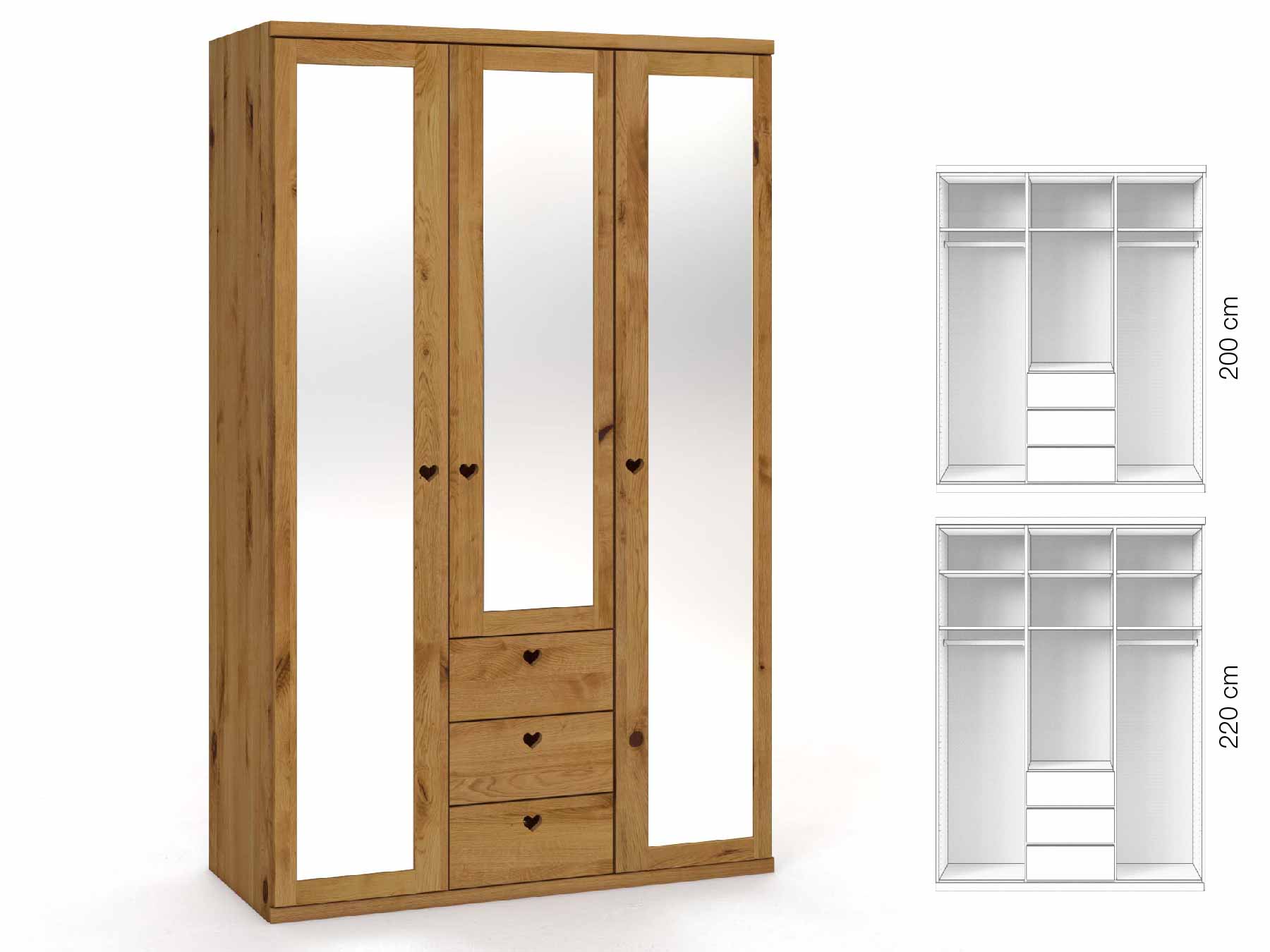 Wildeichenschrank „Sandra“, 3-türig, Höhe 220 cm, Griffausführung „Heidi“, Inneneinrichtung: E