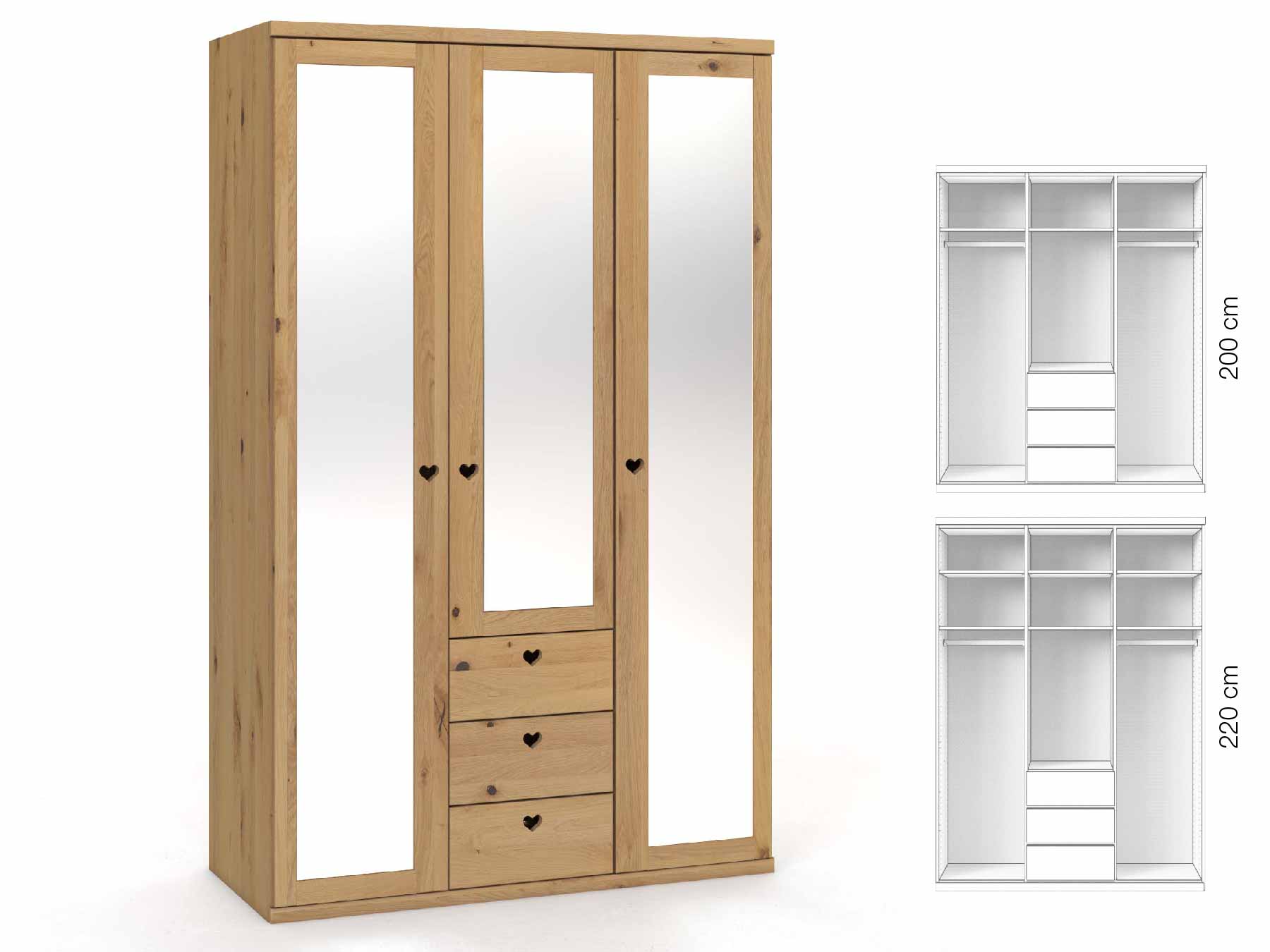 Wildeichenschrank Hell „Sandra“, 3-türig, Höhe 220 cm, Griffausführung „Heidi“, Inneneinrichtung: E