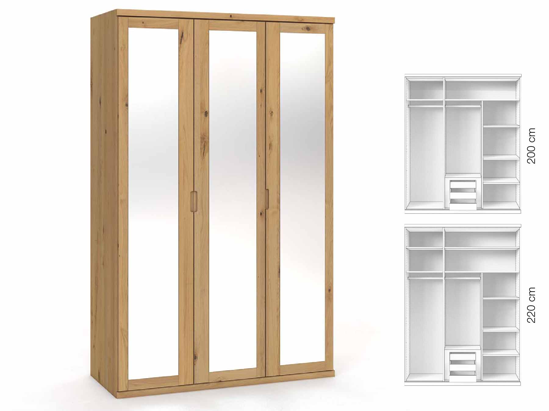 Wildeichenschrank Hell „Sandra“, 3-türig, Höhe 220 cm, Griffausführung „Lukas“, Inneneinrichtung: D