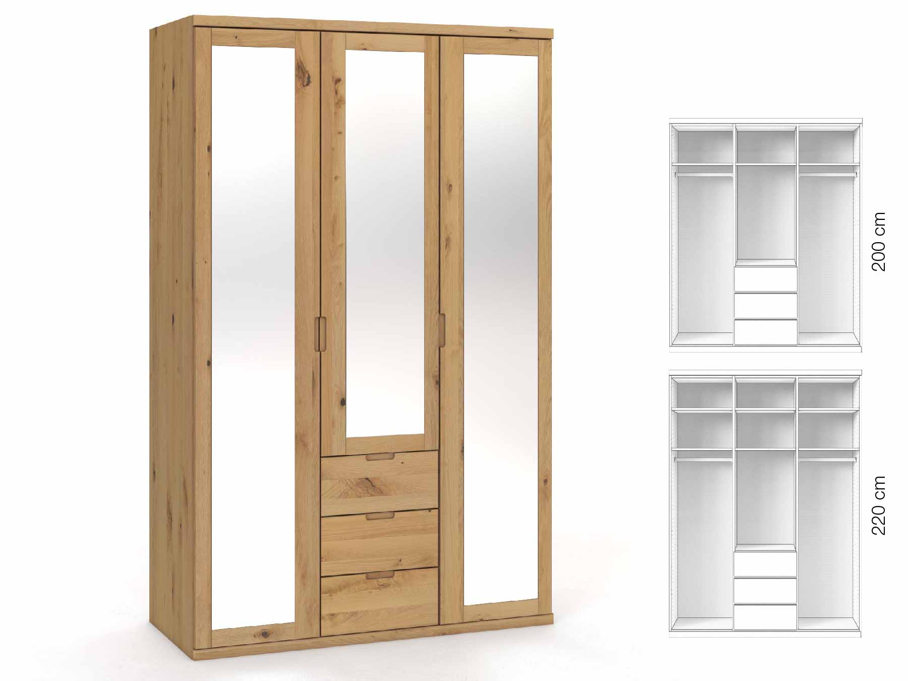 Wildeichenschrank Hell „Sandra“, 3-türig, Höhe 220 cm, Griffausführung „Lukas“, Inneneinrichtung: E