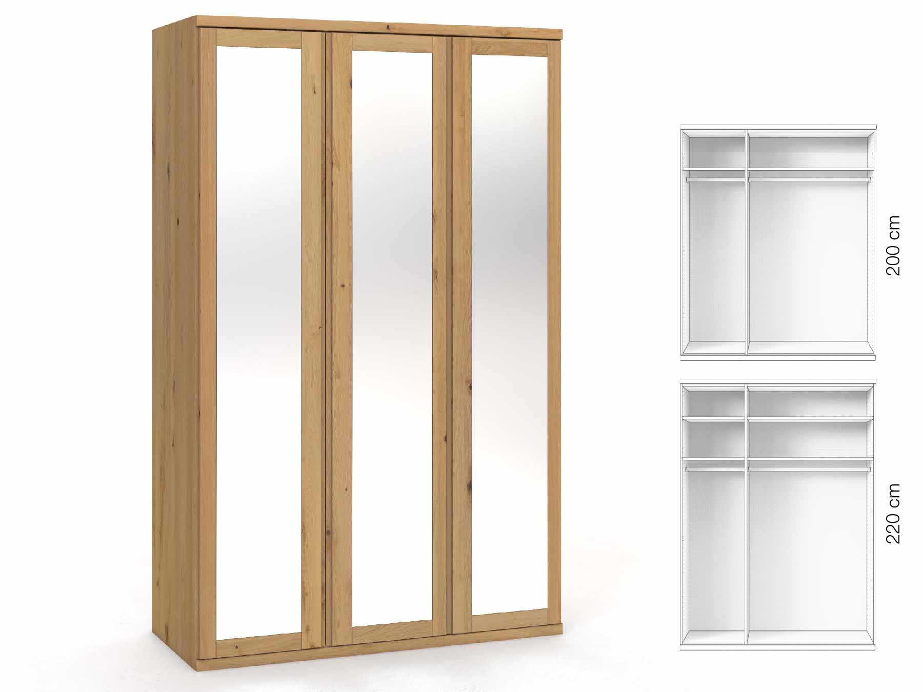 Wildeichenschrank Hell „Sandra“, 3-türig, Höhe 220 cm, Griffausführung „Patrizia“, Inneneinrichtung: A