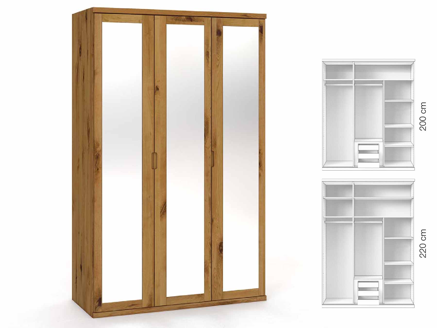 Wildeichenschrank „Sandra“, 3-türig, Höhe 220 cm, Griffausführung „Lukas“, Inneneinrichtung: D