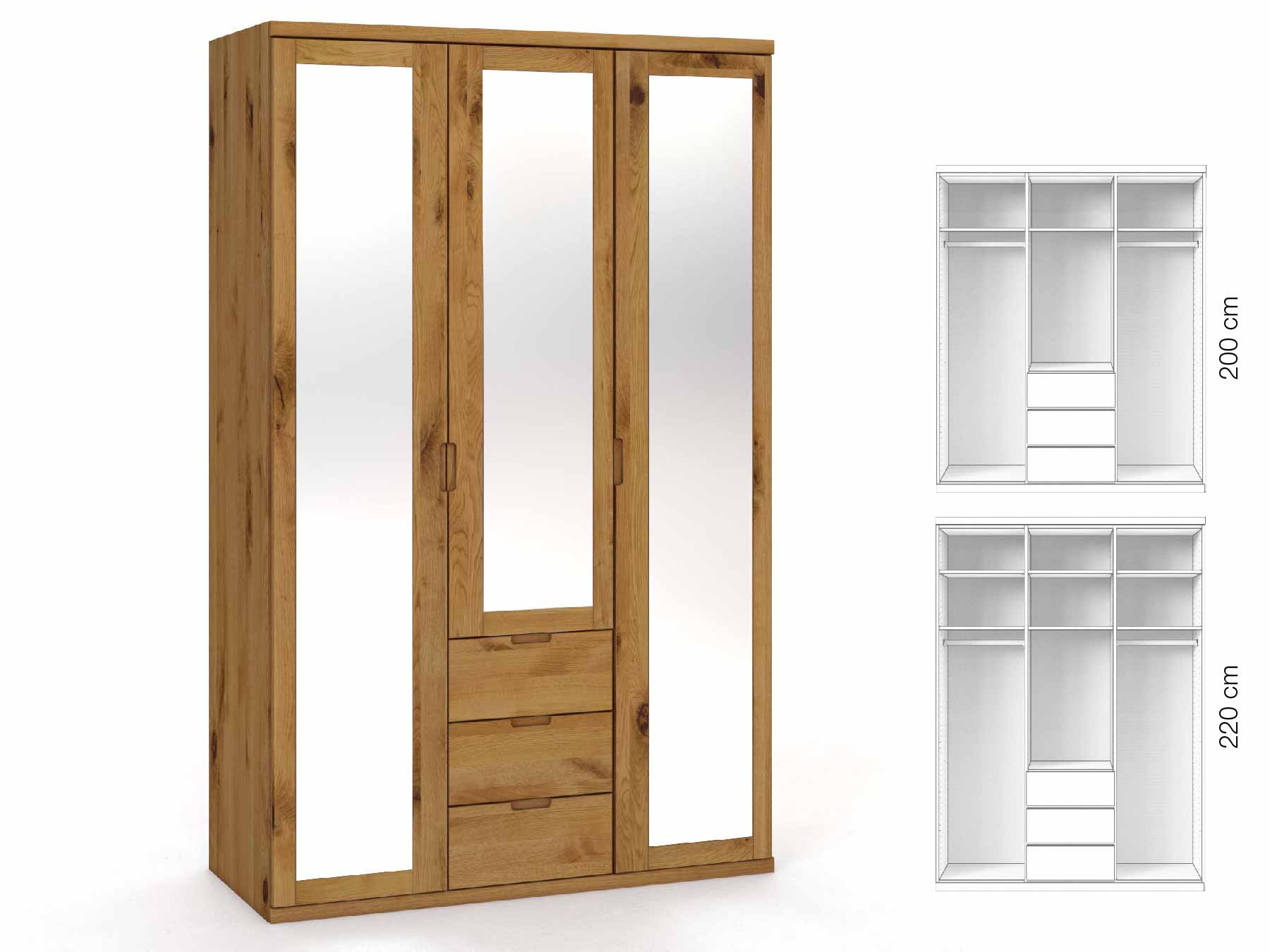 Wildeichenschrank „Sandra“, 3-türig, Höhe 220 cm, Griffausführung „Lukas“, Inneneinrichtung: E
