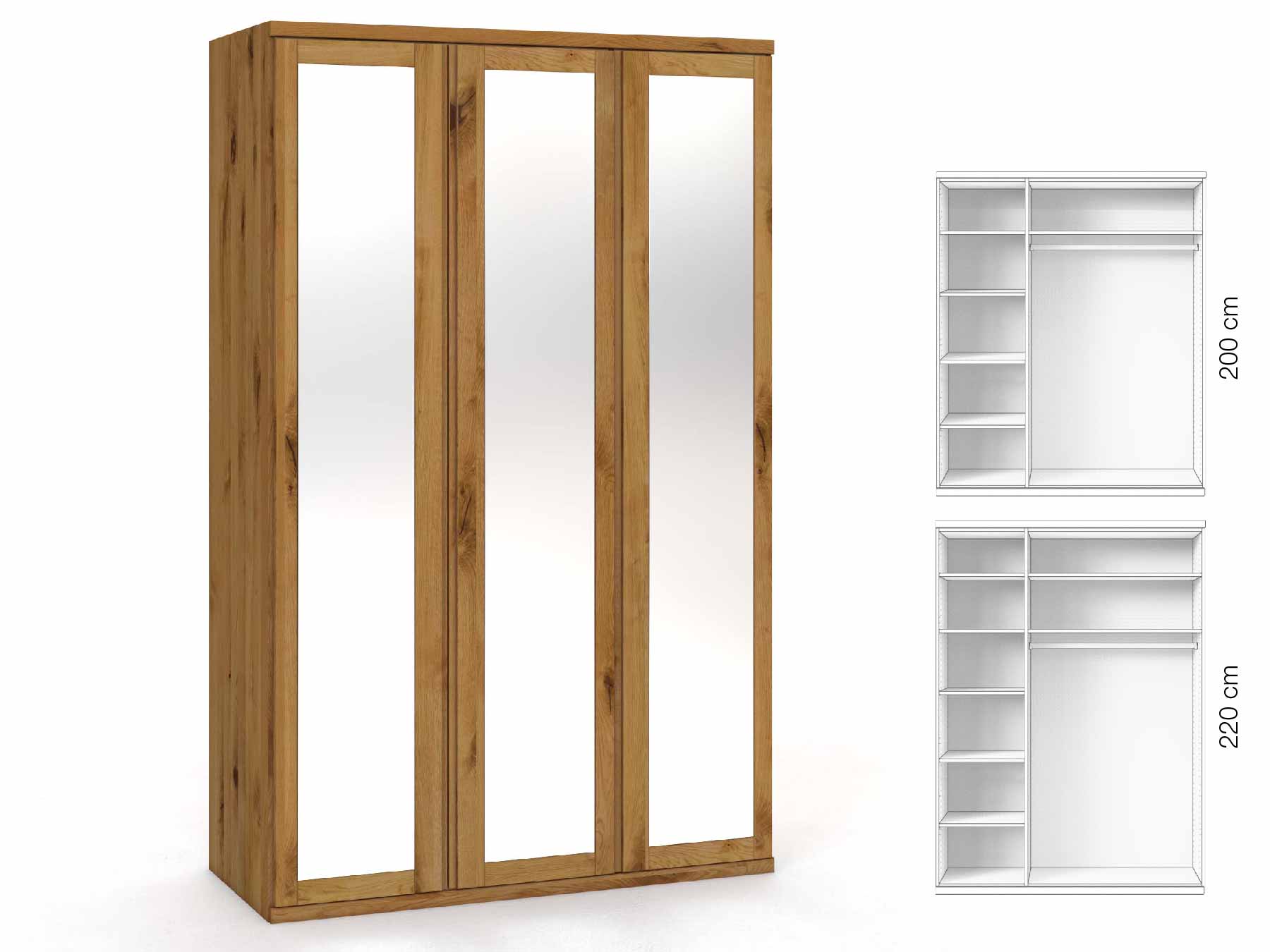 Wildeichenschrank „Sandra“, 3-türig, Höhe 220 cm, Griffausführung „Patrizia“, Inneneinrichtung: B