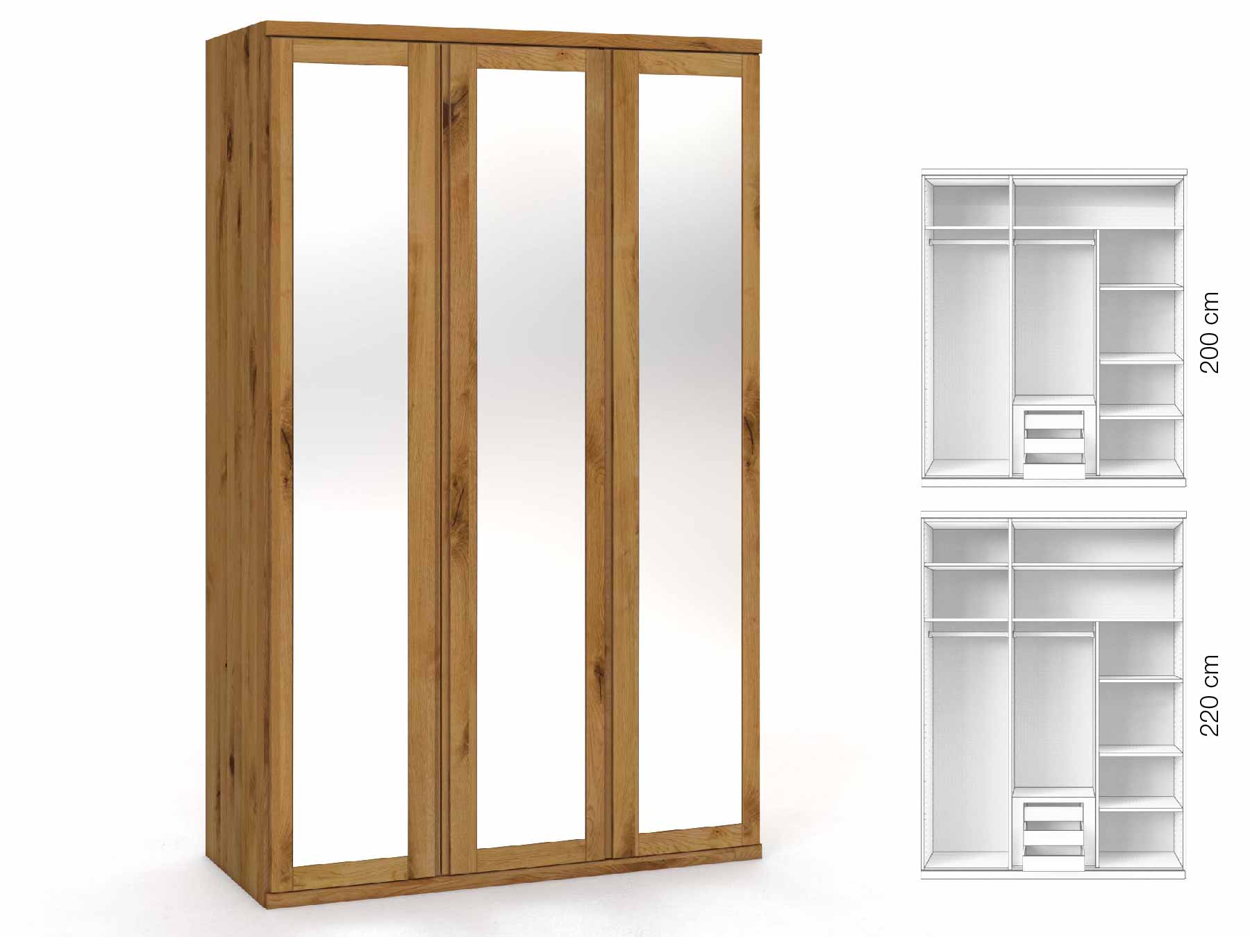 Wildeichenschrank „Sandra“, 3-türig, Höhe 220 cm, Griffausführung „Patrizia“, Inneneinrichtung: D