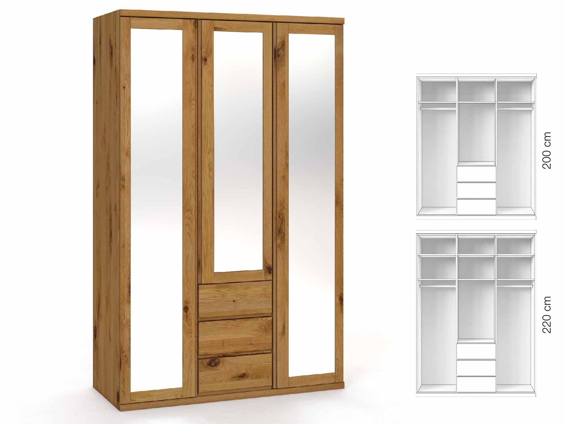 Wildeichenschrank „Sandra“, 3-türig, Höhe 220 cm, Griffausführung „Patrizia“, Inneneinrichtung: E