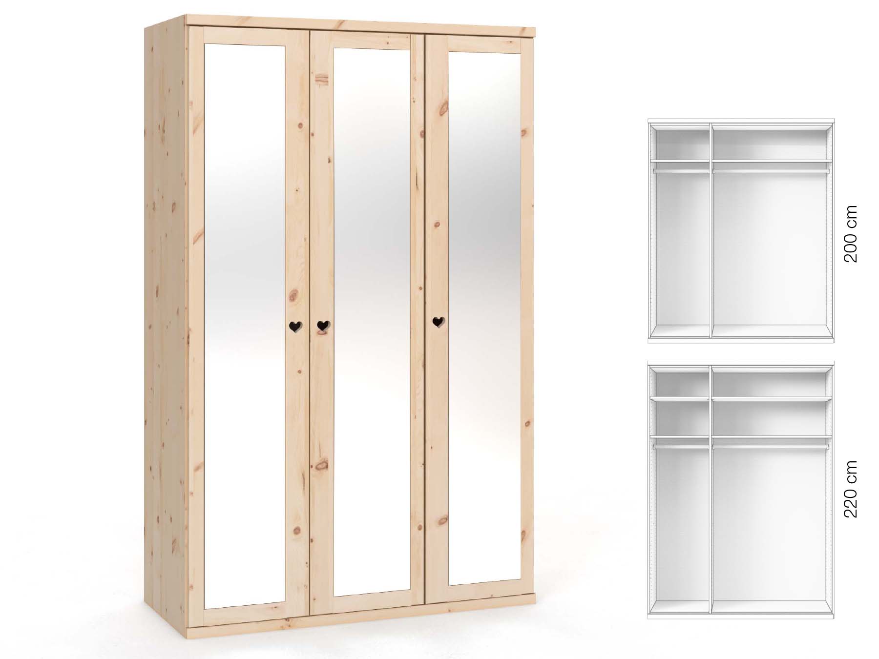 Zirbenschrank „Sandra“, 3-türig, Höhe 220 cm, Griffausführung „Heidi“, Inneneinrichtung: A