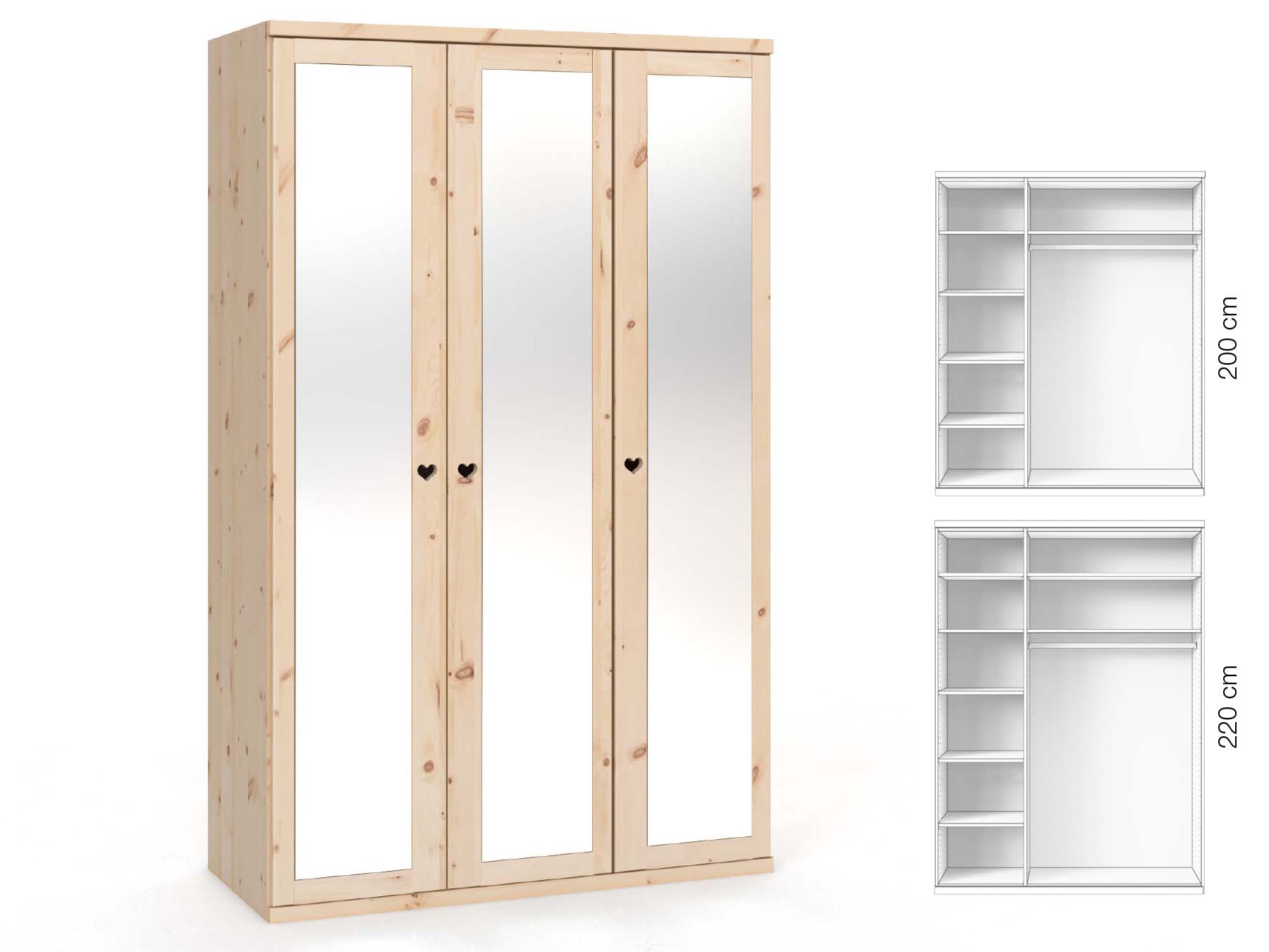 Zirbenschrank „Sandra“, 3-türig, Höhe 220 cm, Griffausführung „Heidi“, Inneneinrichtung: B