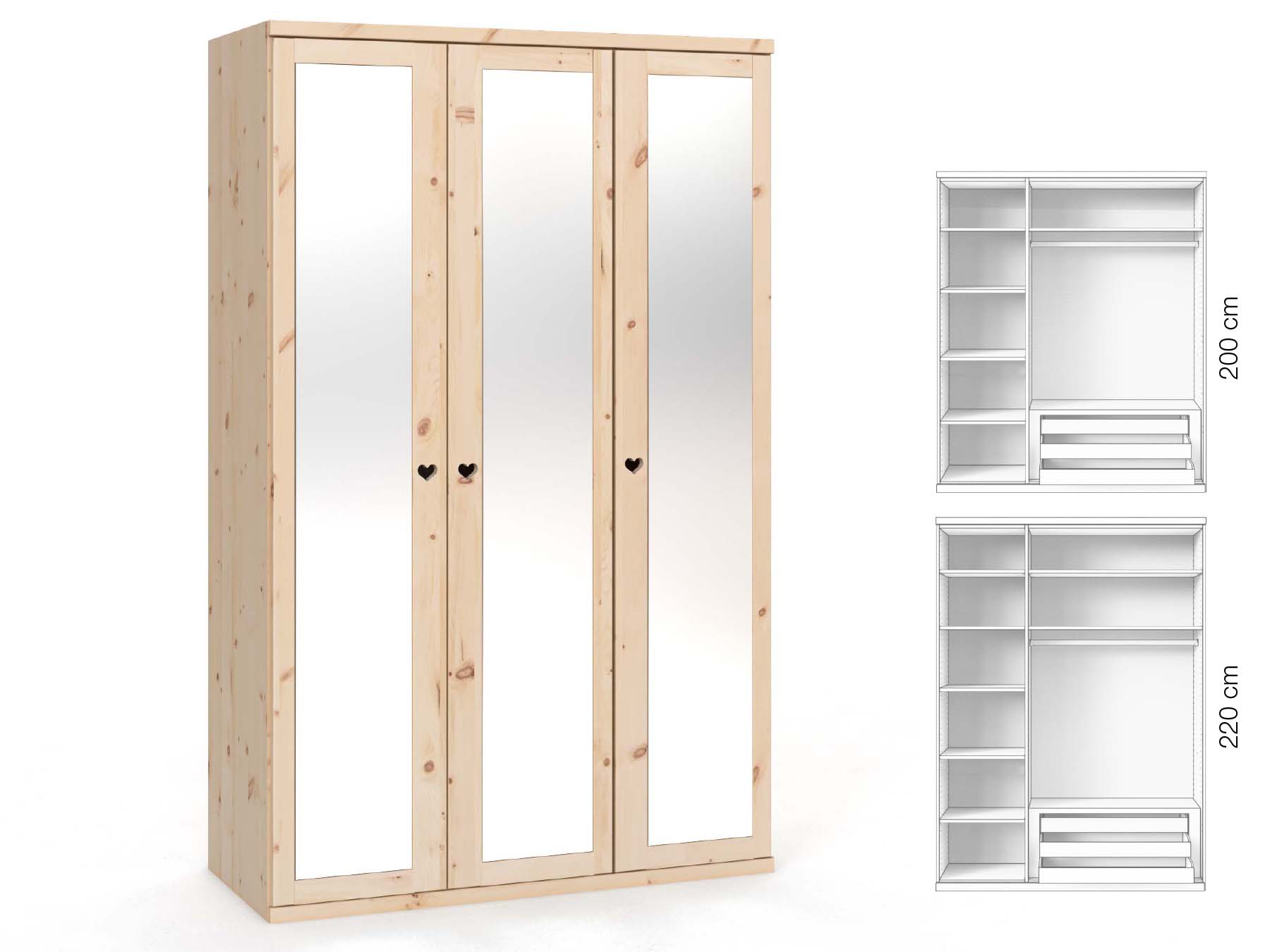 Zirbenschrank „Sandra“, 3-türig, Höhe 220 cm, Griffausführung „Heidi“, Inneneinrichtung: C