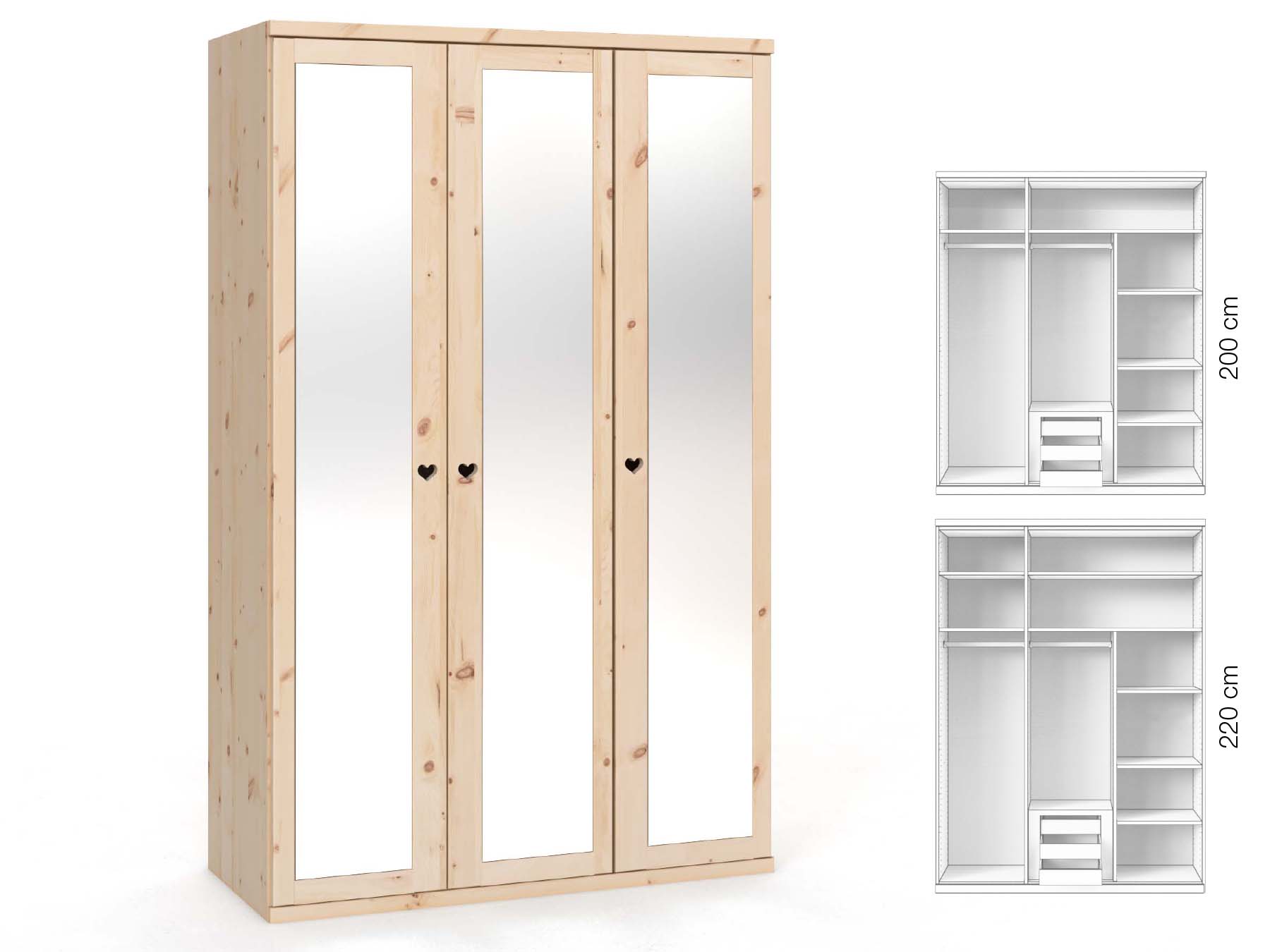 Zirbenschrank „Sandra“, 3-türig, Höhe 220 cm, Griffausführung „Heidi“, Inneneinrichtung: D