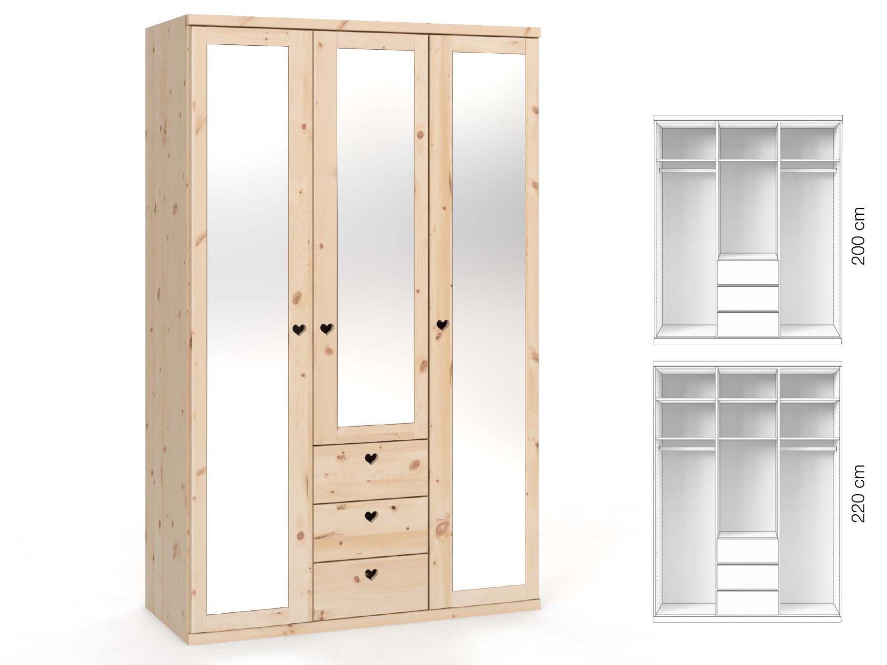 Zirbenschrank „Sandra“, 3-türig, Höhe 220 cm, Griffausführung „Heidi“, Inneneinrichtung: E