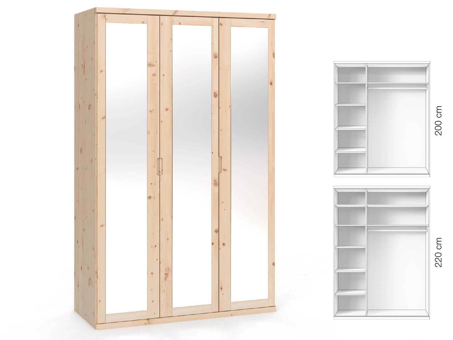 Zirbenschrank „Sandra“, 3-türig, Höhe 220 cm, Griffausführung „Lukas“, Inneneinrichtung: B