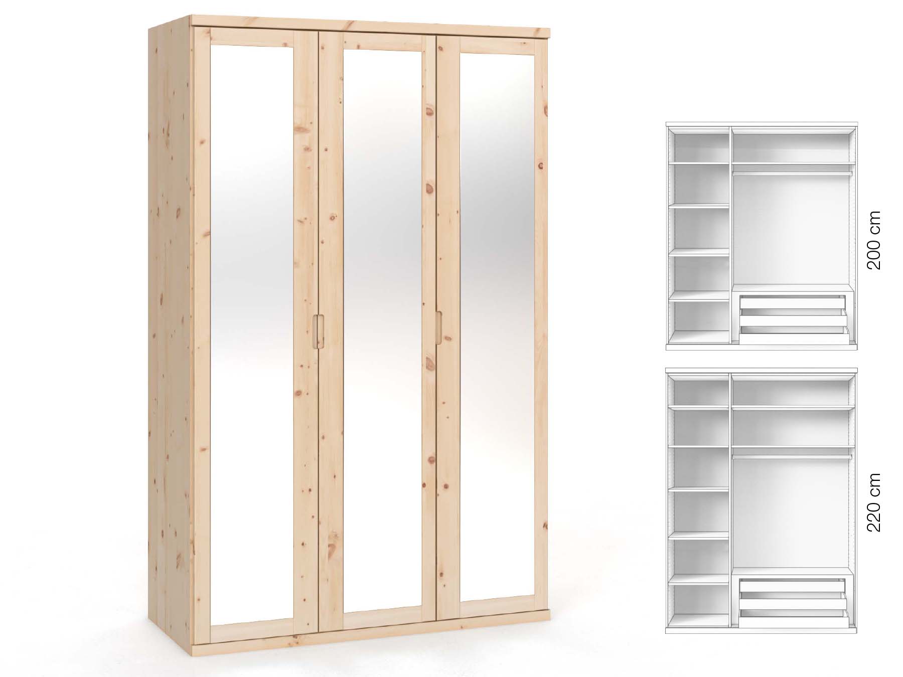 Zirbenschrank „Sandra“, 3-türig, Höhe 220 cm, Griffausführung „Lukas“, Inneneinrichtung: C