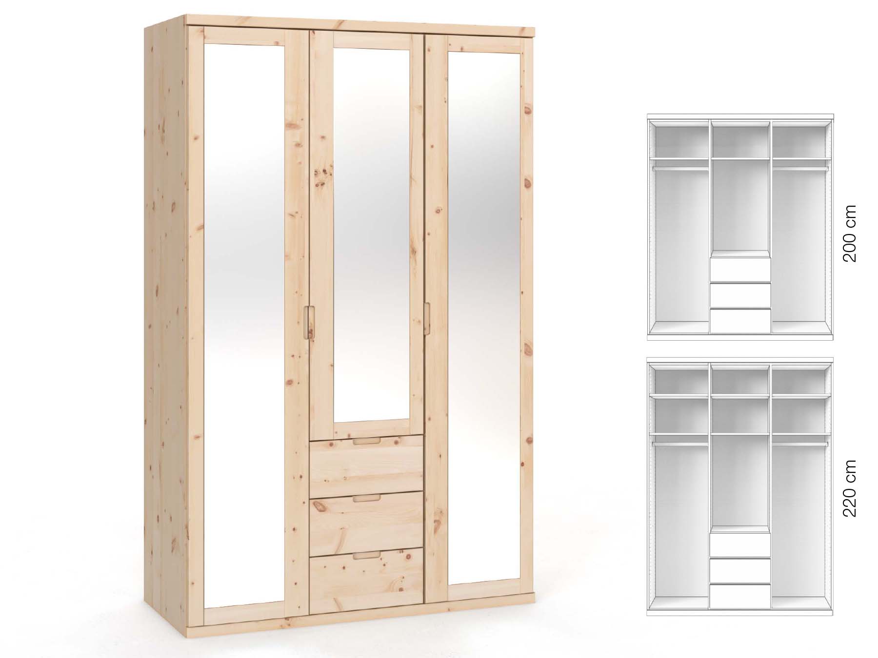 Zirbenschrank „Sandra“, 3-türig, Höhe 220 cm, Griffausführung „Lukas“, Inneneinrichtung: E